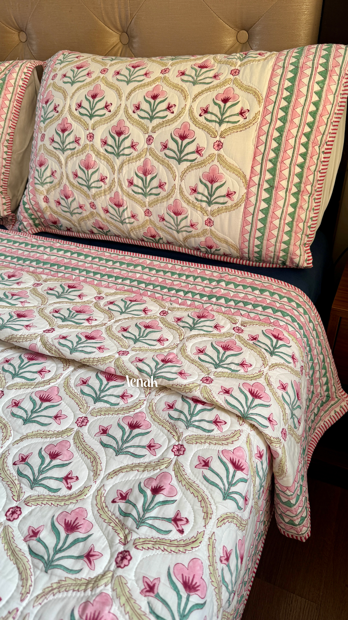 Pink & Green Cotton Bud Handblock Printed Reversible Quilted Bedcover