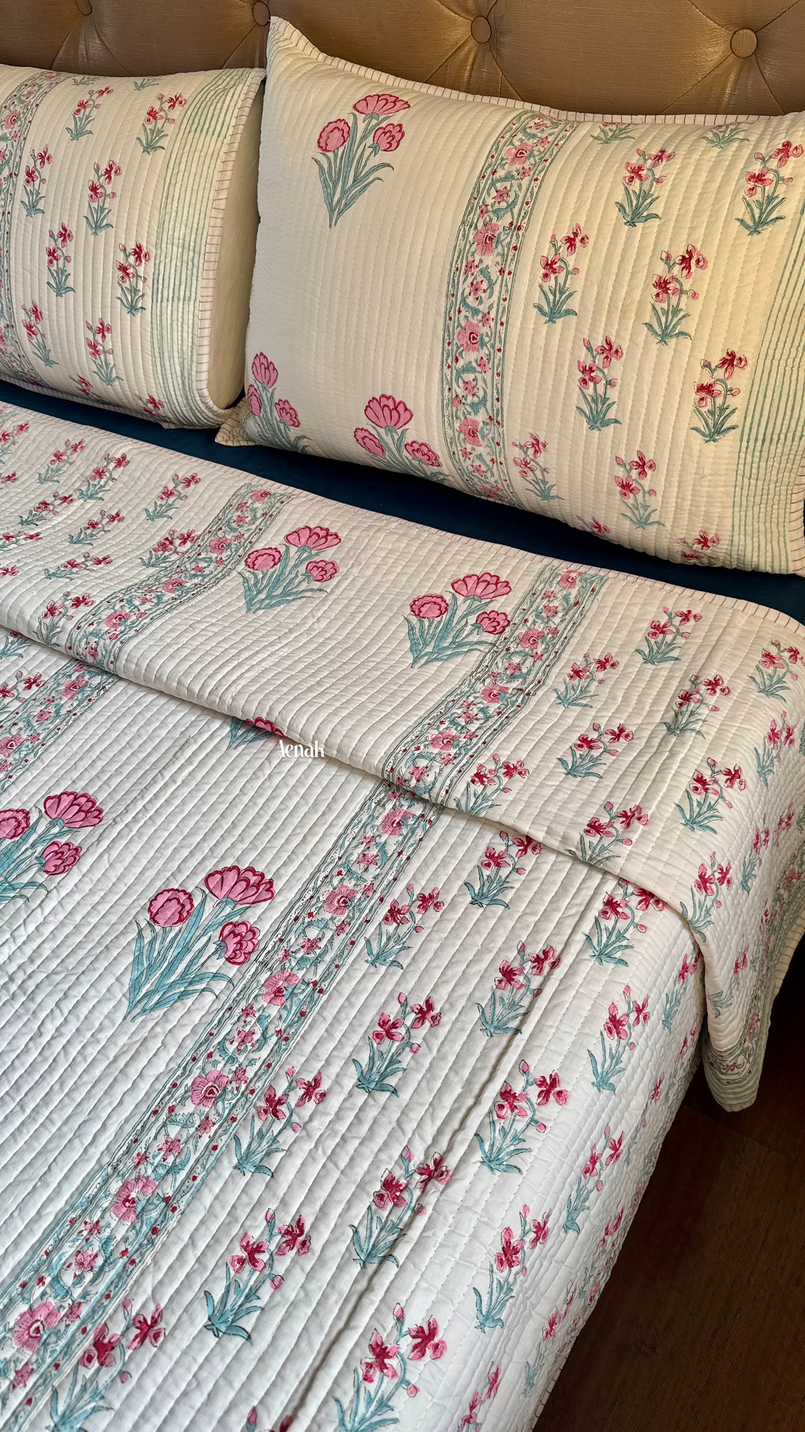 Pink & Sage Blue Floral Handblock Printed Reversible Straight Quilted Bedcover