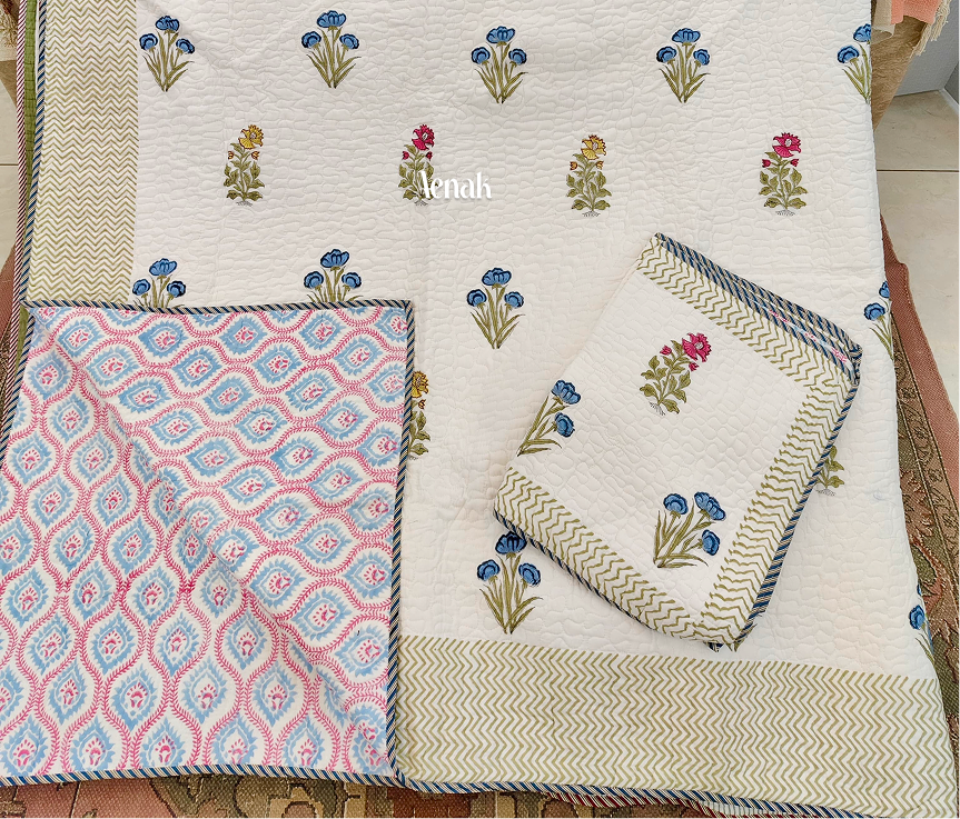 Floral Guldasta Handblock Printed Reversible Quilted Bedcover -105 x108