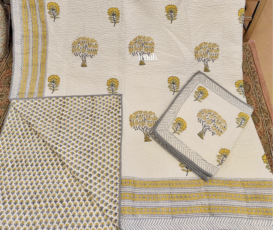Yellow Bodhi Tree Handblock Printed Reversible Quilted Bedcover -105 x108