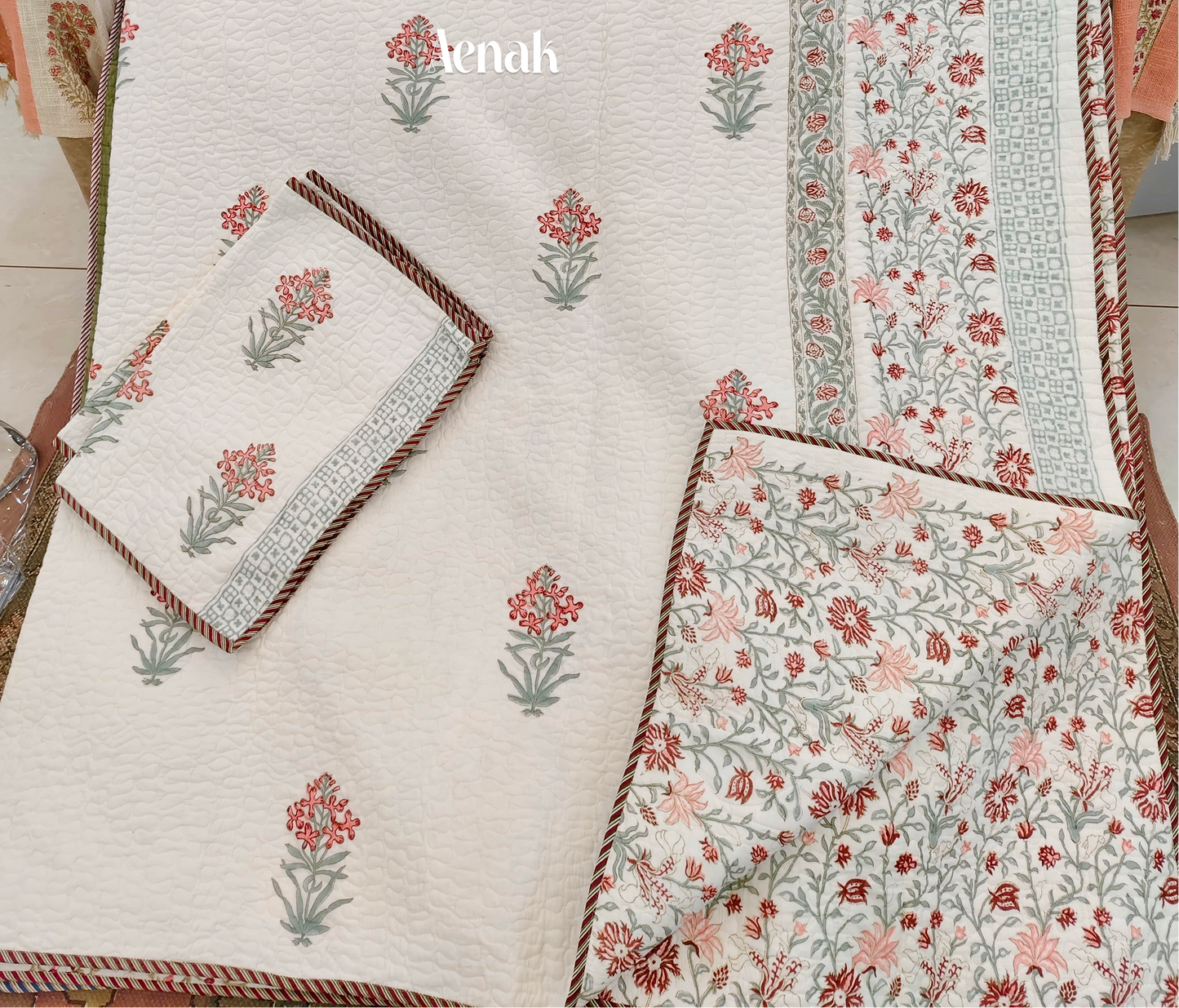 Red Periwinkle Handblock Printed Reversible Quilted Bedcover -105 x108