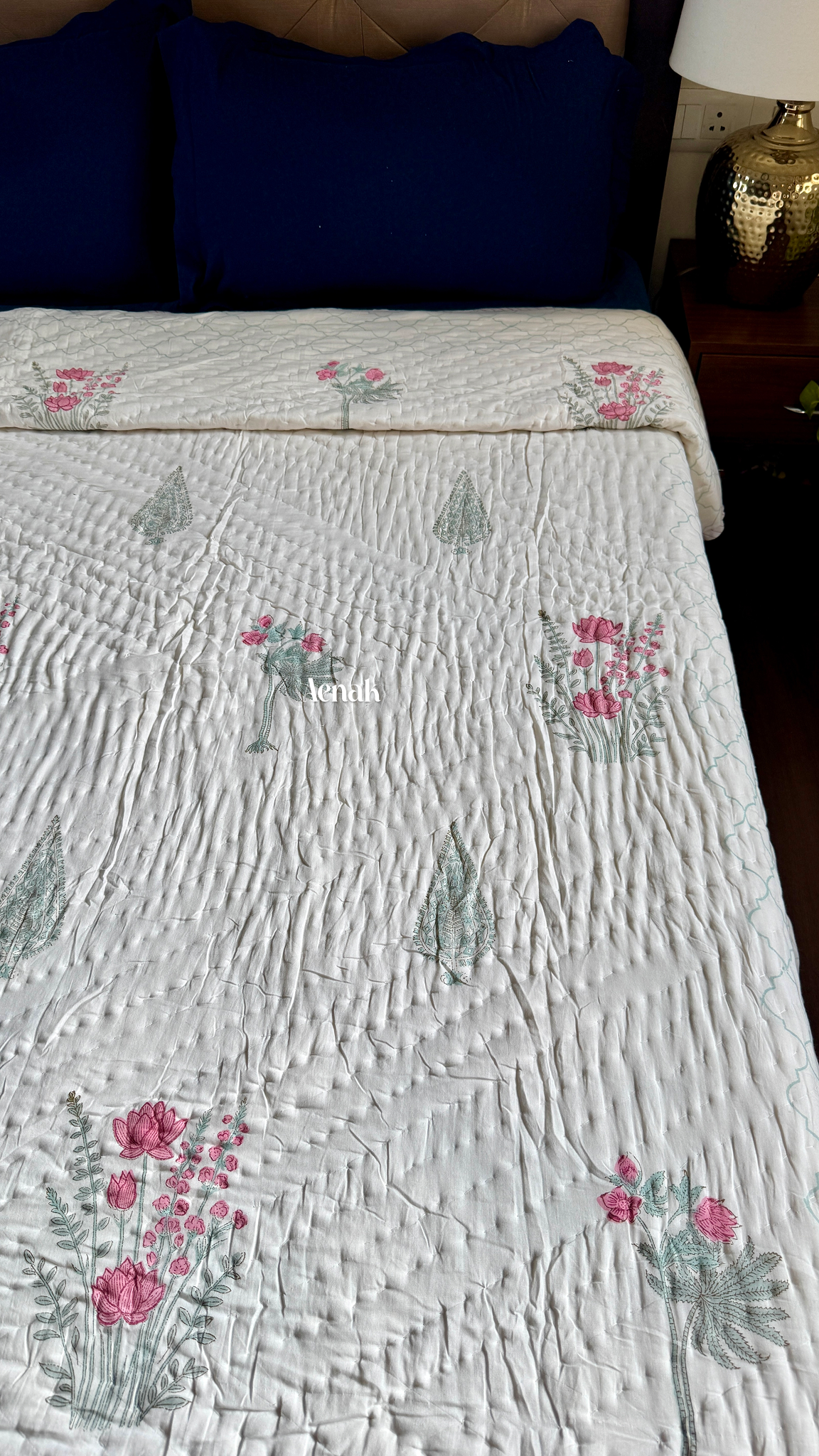 Green Ashoka Handblock Printed Reversible Mulmul Cotton Quilt