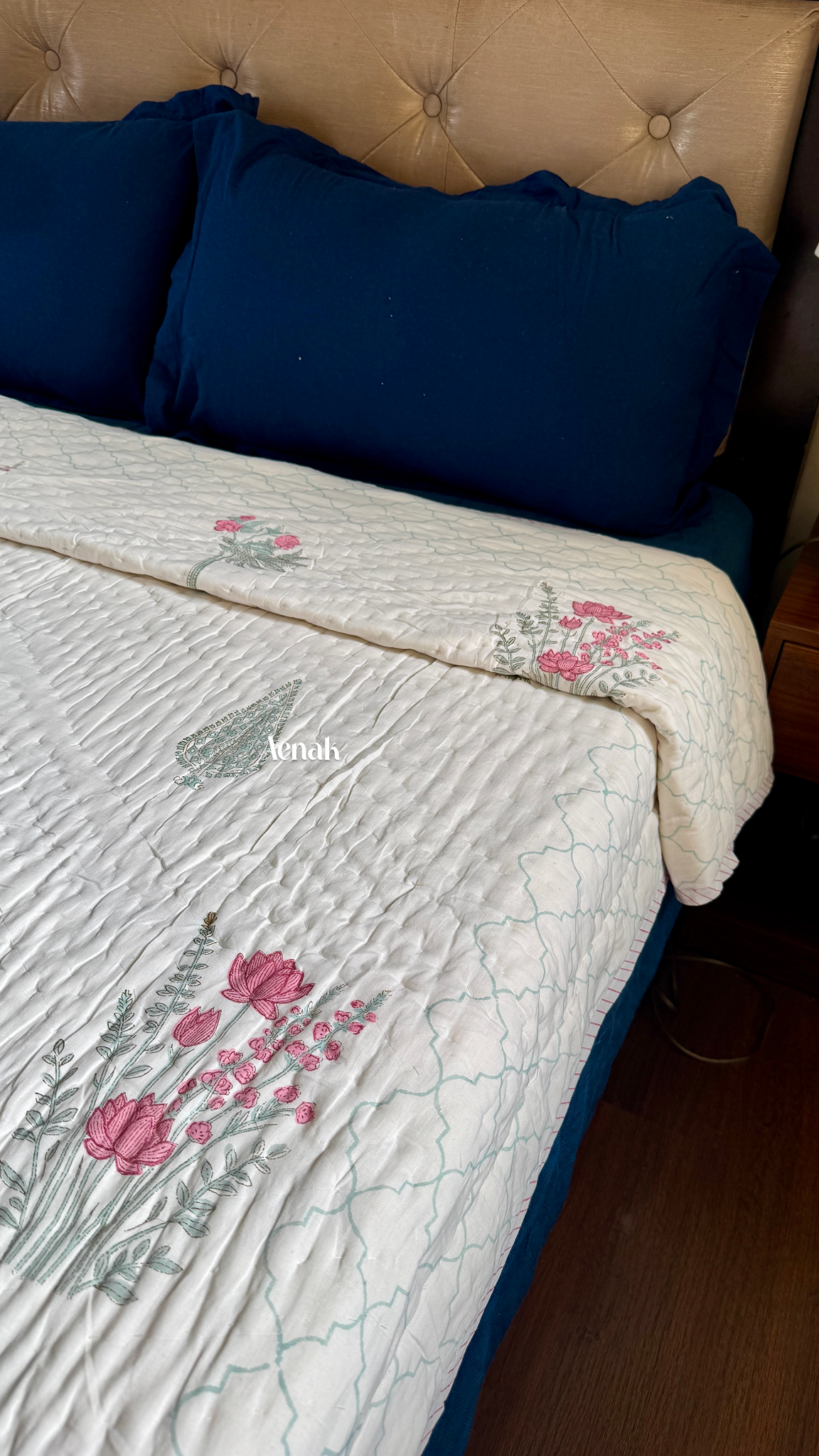 Green Ashoka Handblock Printed Reversible Mulmul Cotton Quilt