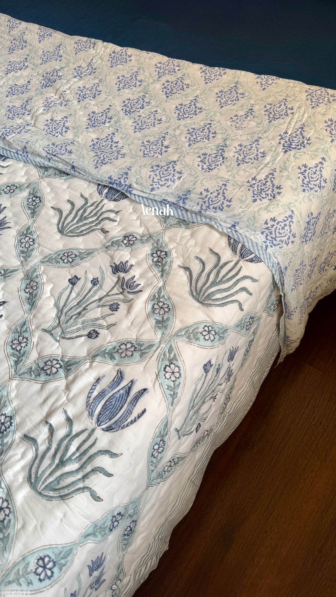 Blue Lotus Handblock Printed Reversible Mulmul Cotton Quilt