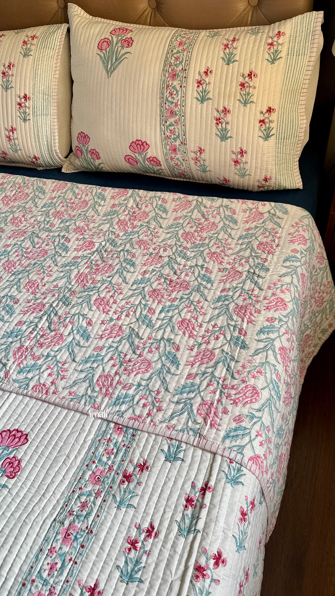 Pink & Sage Blue Floral Handblock Printed Reversible Straight Quilted Bedcover
