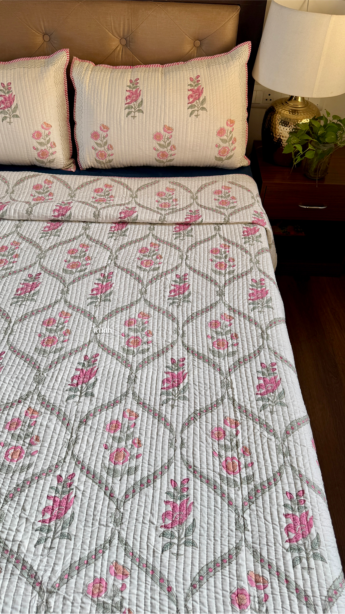 Pink Periwinkle Handblock Printed Reversible Straight Quilted Bedcover