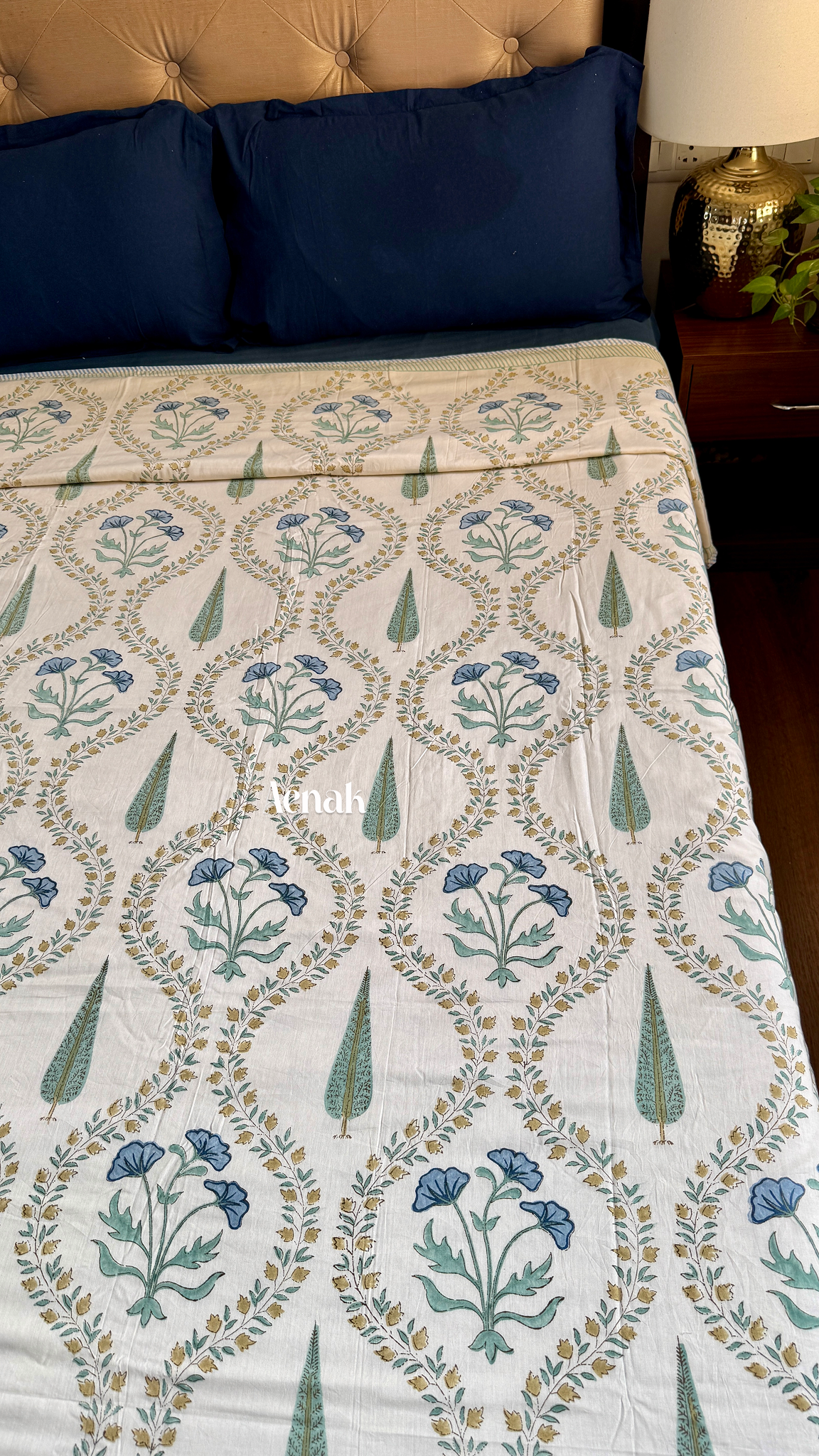 Blue Poppy Jaal Handblock Printed Mulmul Cotton Reversible Dohar (Beige Base)