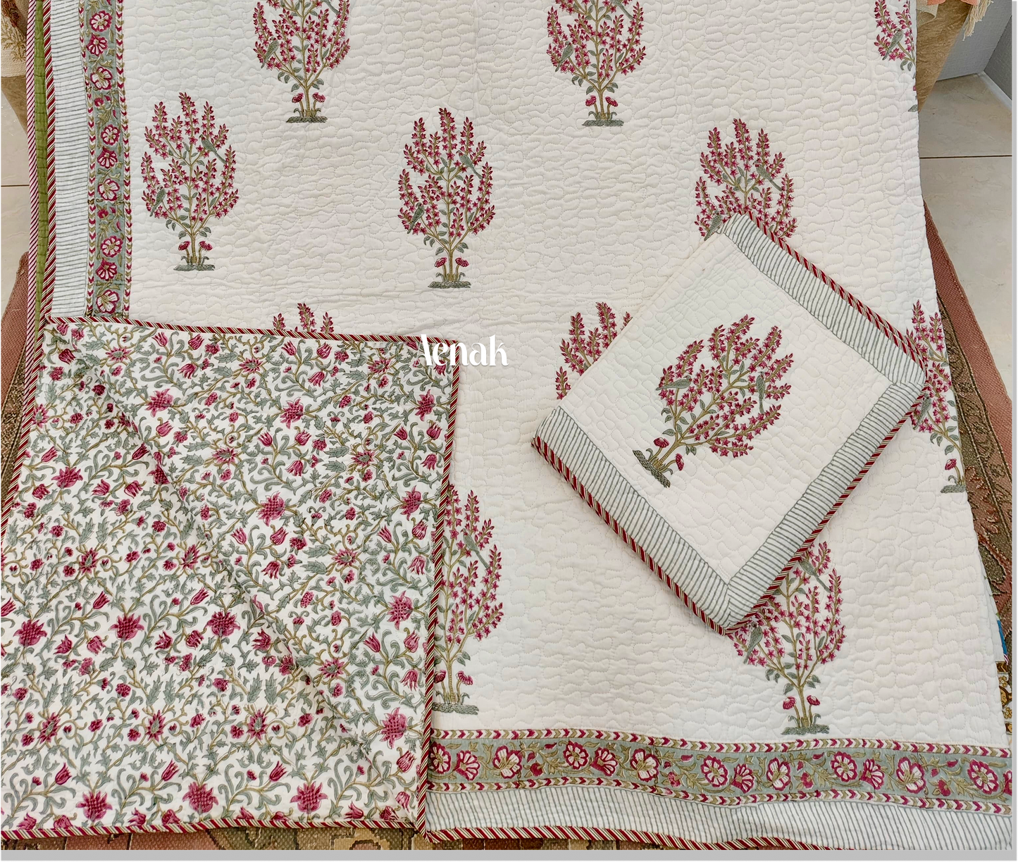 Red Cherry Blossom Handblock Printed Reversible Quilted Bedcover -105 x108