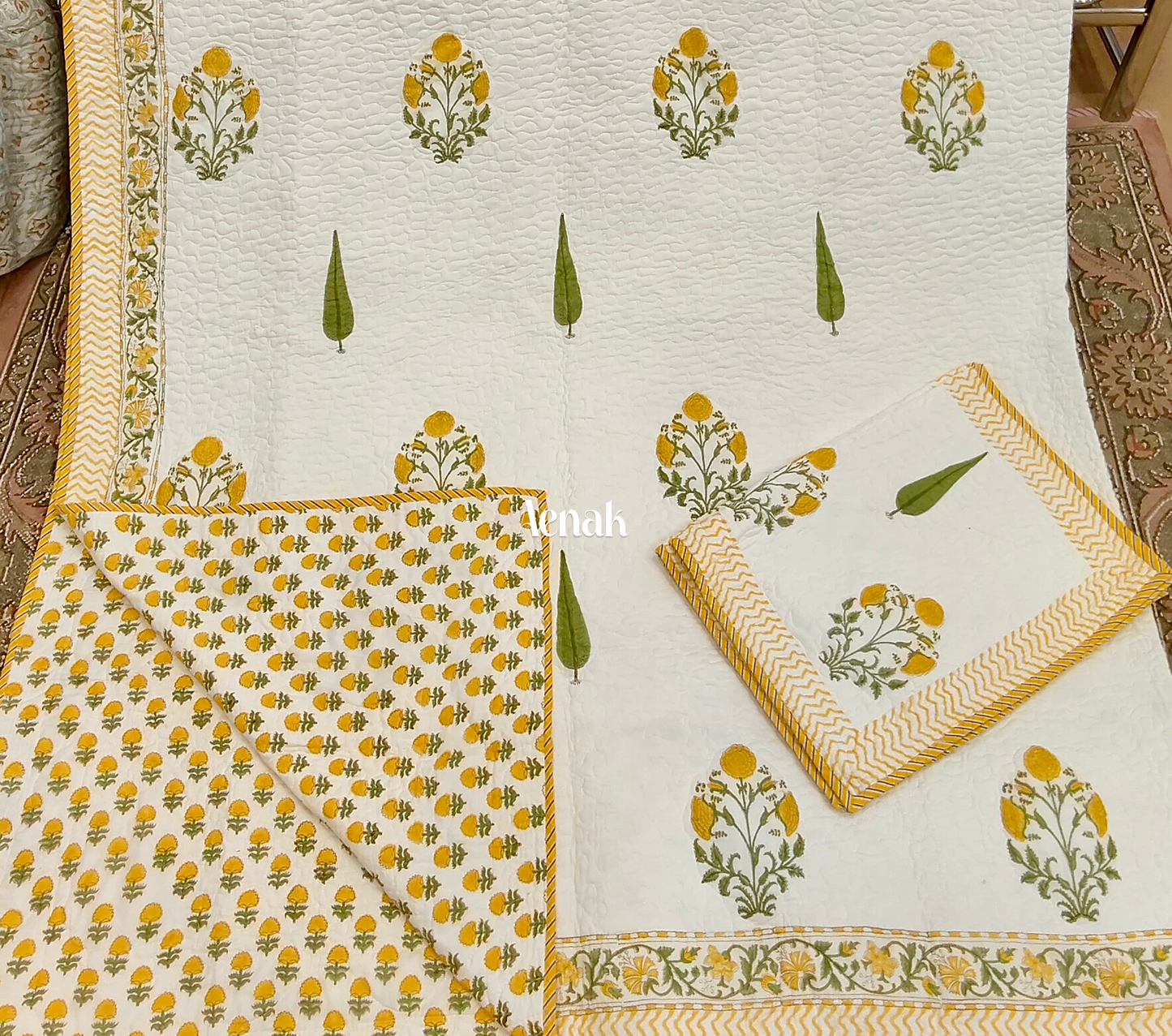 Yellow Marigold Handblock Printed Reversible Quilted Bedcover -105 x108