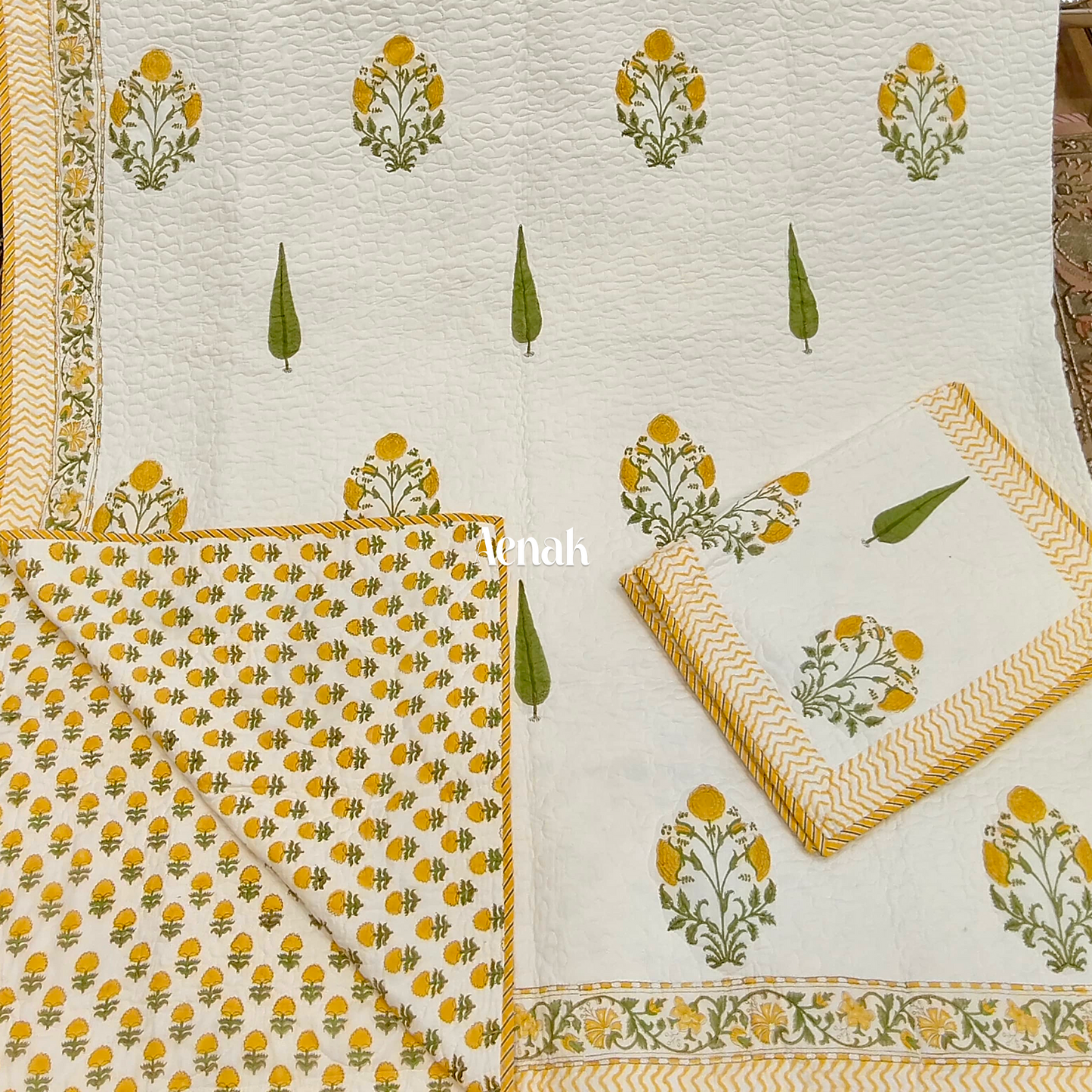 Yellow Marigold Handblock Printed Reversible Quilted Bedcover Set -105 x108