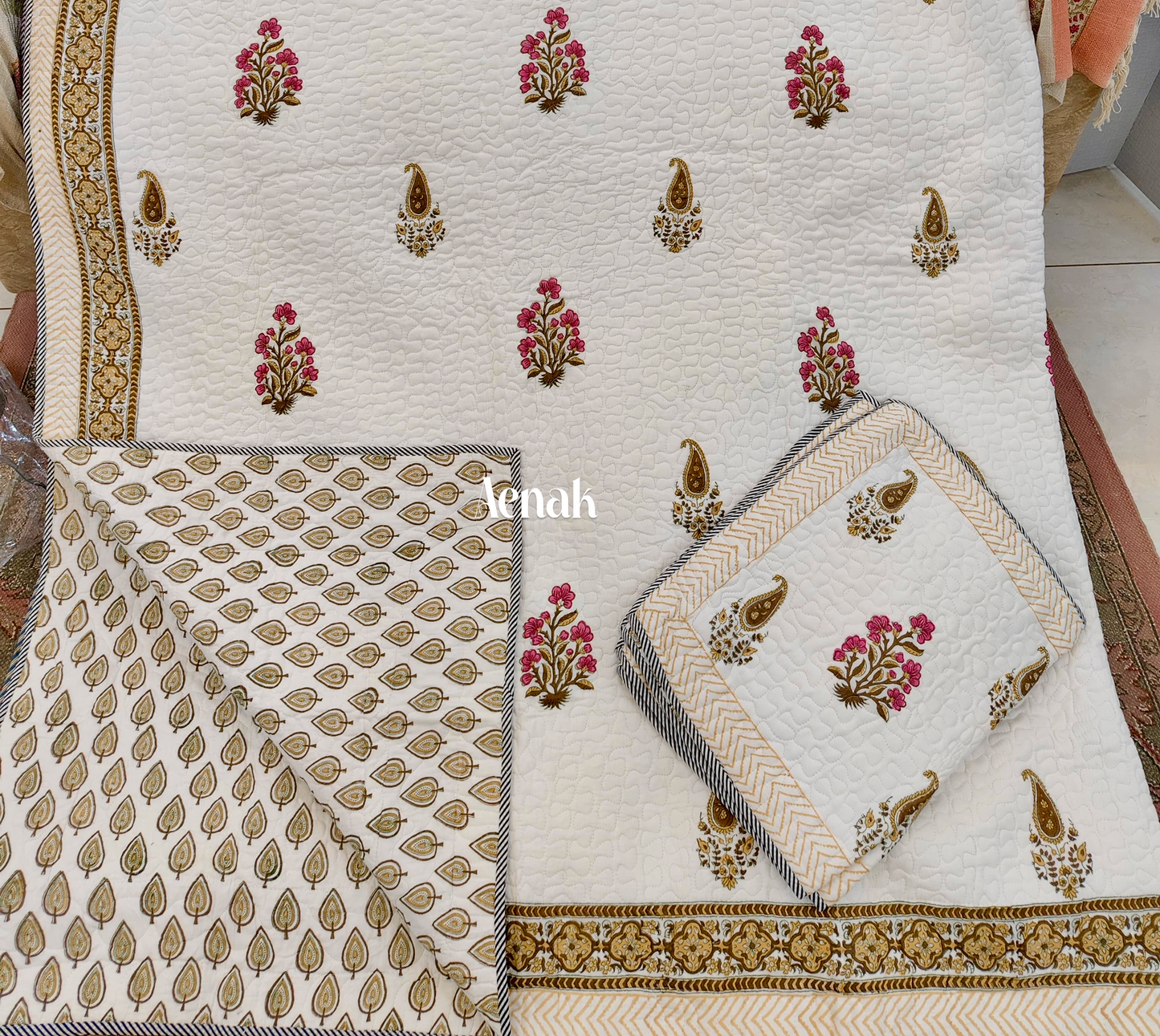 Pink & Brown Floral Handblock Printed Reversible Quilted Cotton Bedcover- 105x108