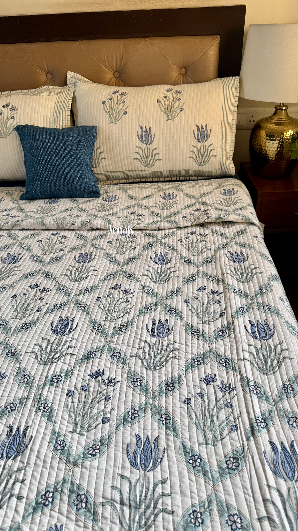 Blue Lotus Handblock Printed Reversible Straight Quilted Bedcover