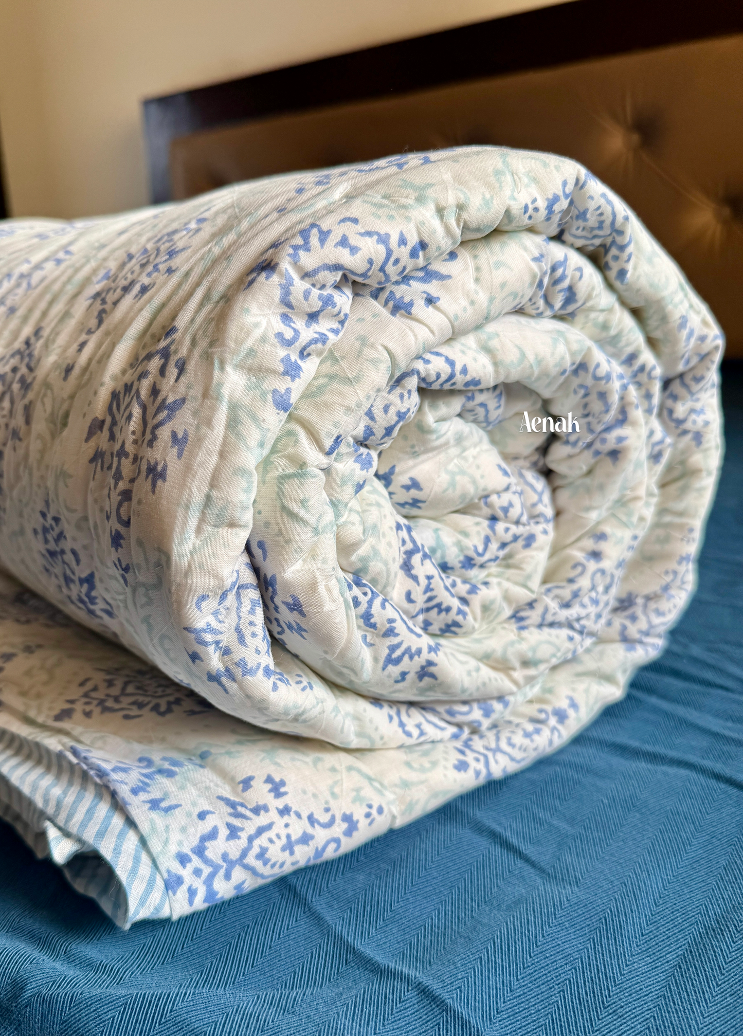 Blue Lotus Handblock Printed Reversible Mulmul Cotton Quilt
