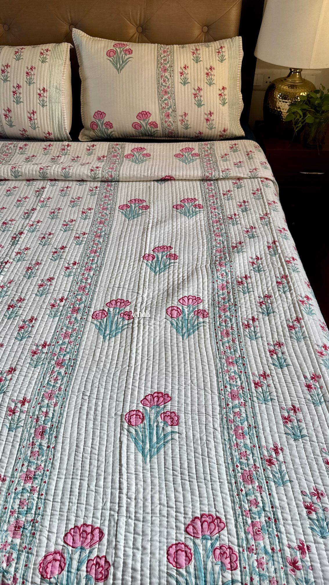 Pink & Sage Blue Floral Handblock Printed Reversible Straight Quilted Bedcover