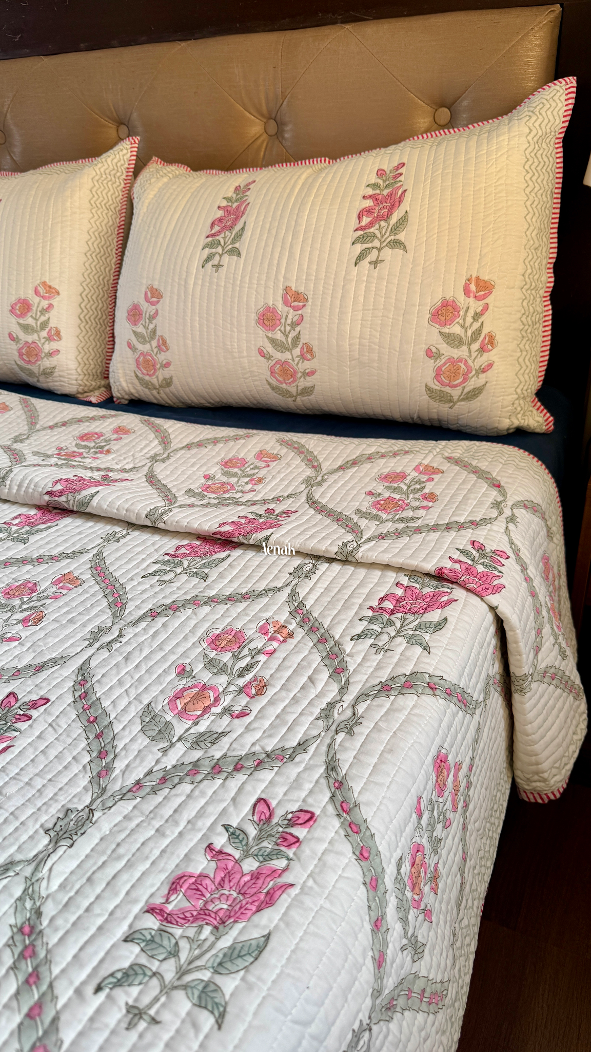 Pink Periwinkle Handblock Printed Reversible Straight Quilted Bedcover