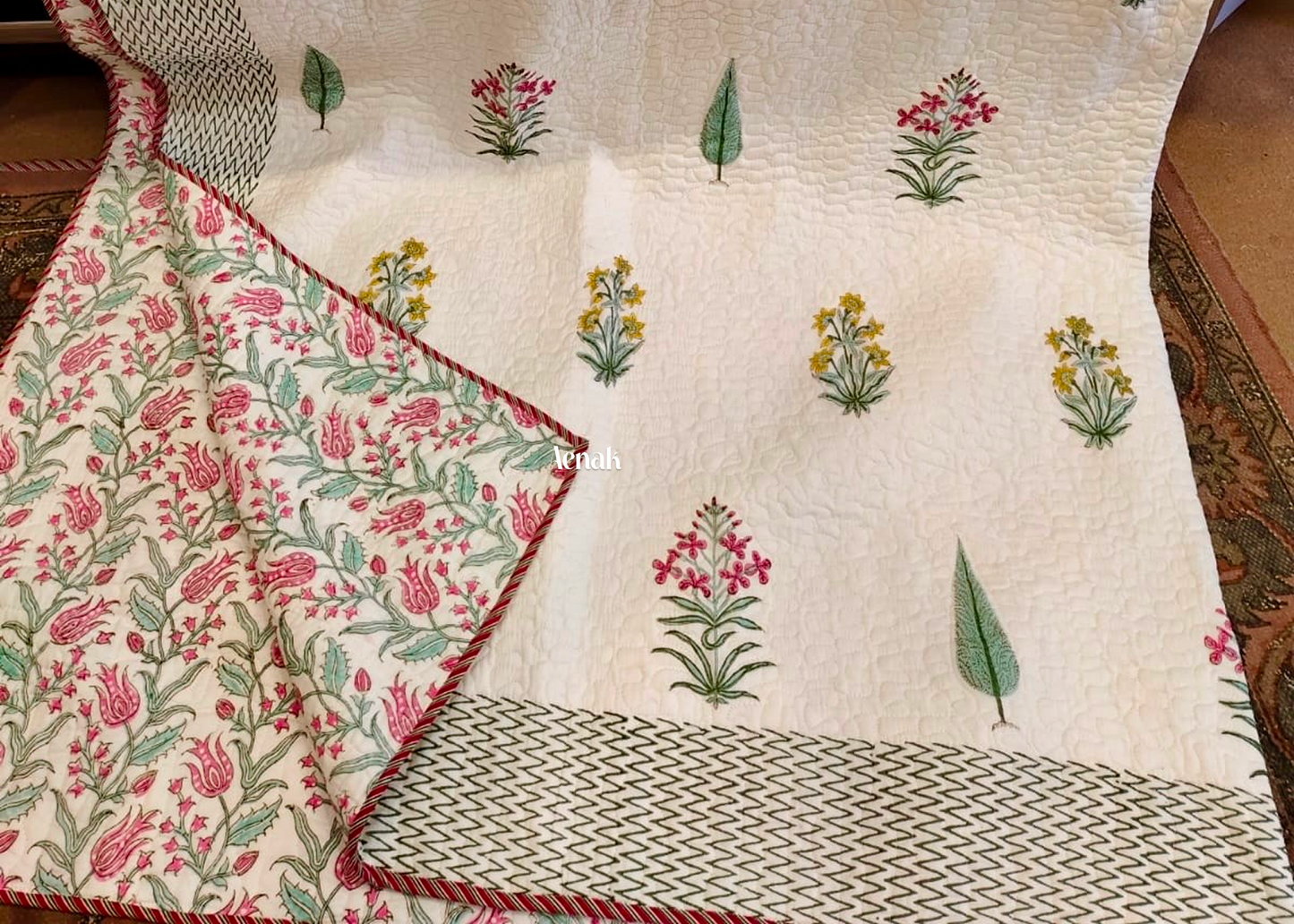 Madhumati Handblock Printed Reversible Quilted Bedcover Set -105 x108