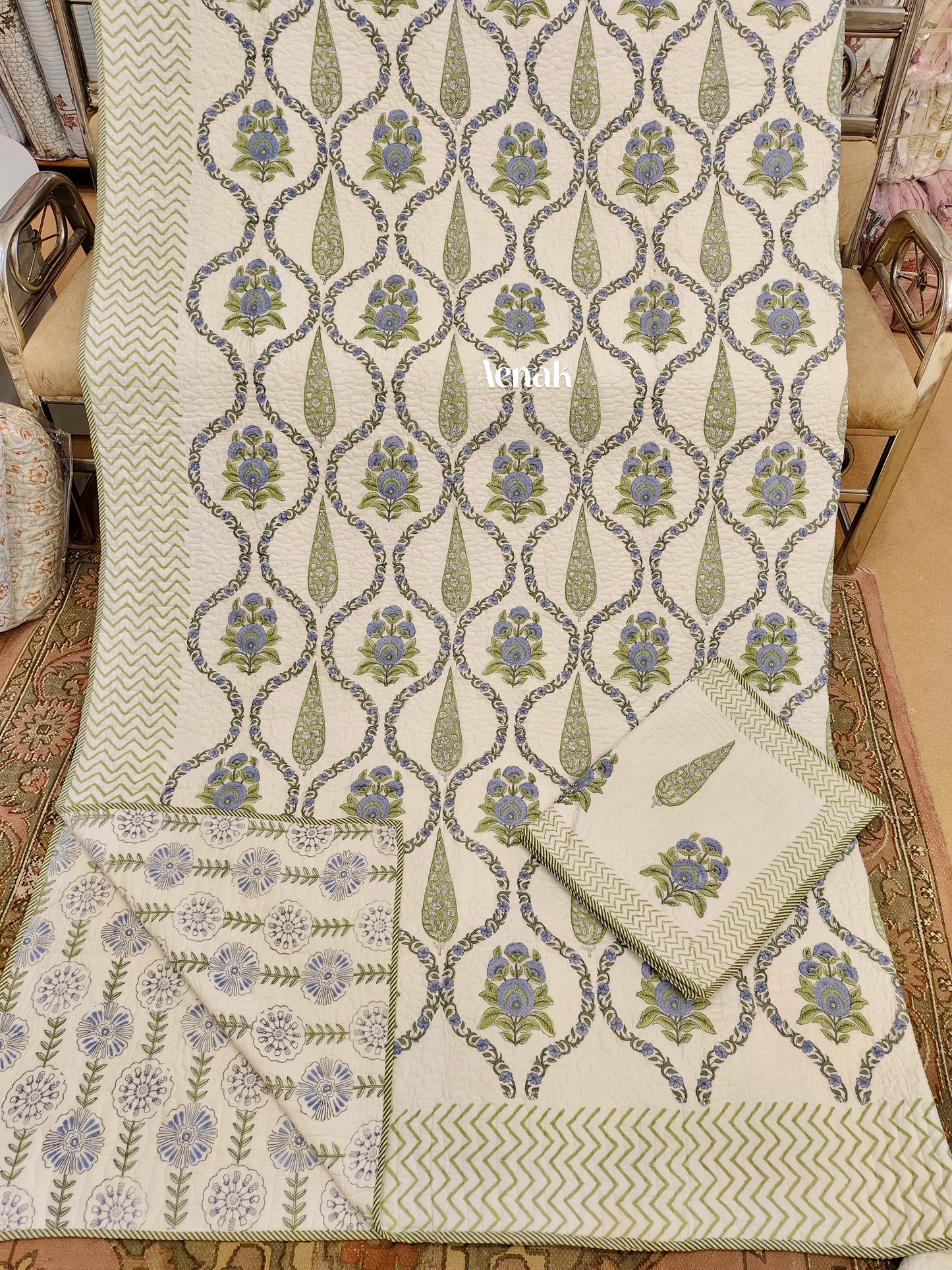 Blue Green Cypress Jaal Handblock Printed Reversible Quilted Cotton Bedcover- 105x108