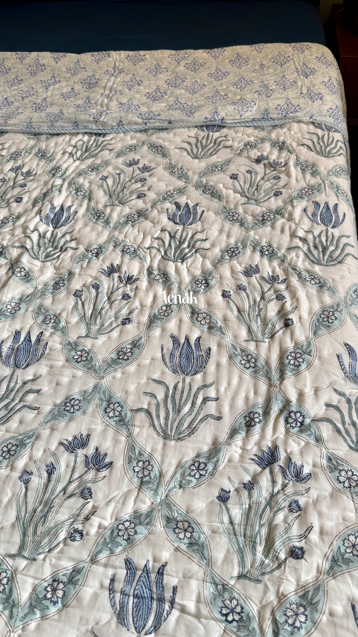 Blue Lotus Handblock Printed Reversible Mulmul Cotton Quilt