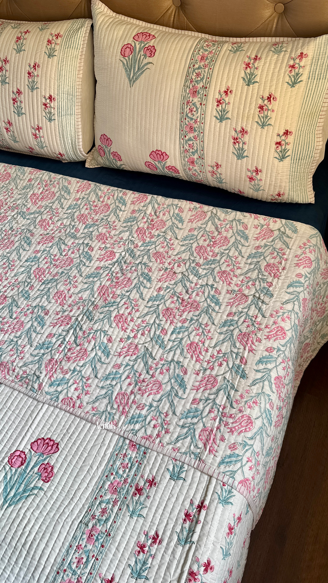 Pink & Sage Blue Floral Handblock Printed Reversible Straight Quilted Bedcover