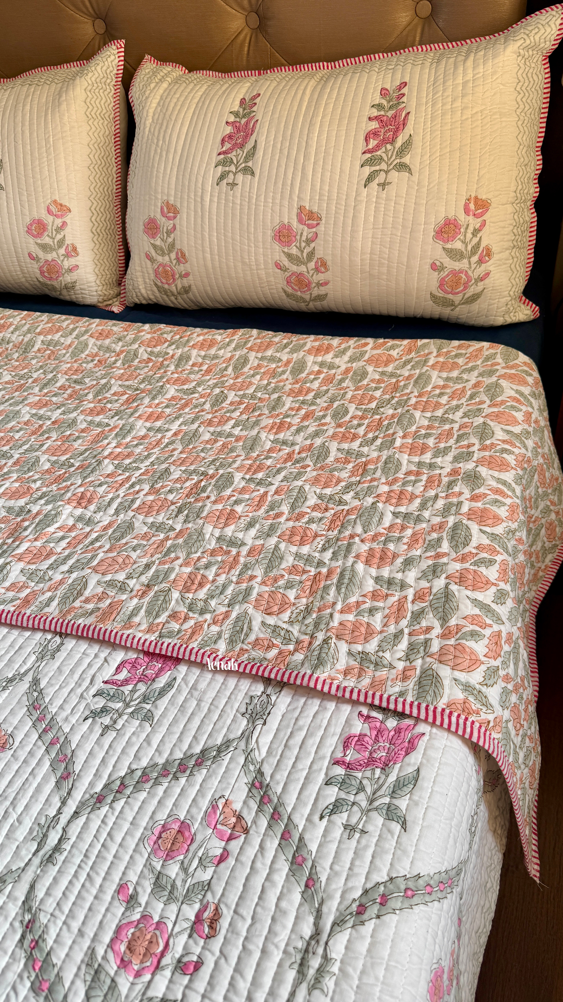 Pink Periwinkle Handblock Printed Reversible Straight Quilted Bedcover