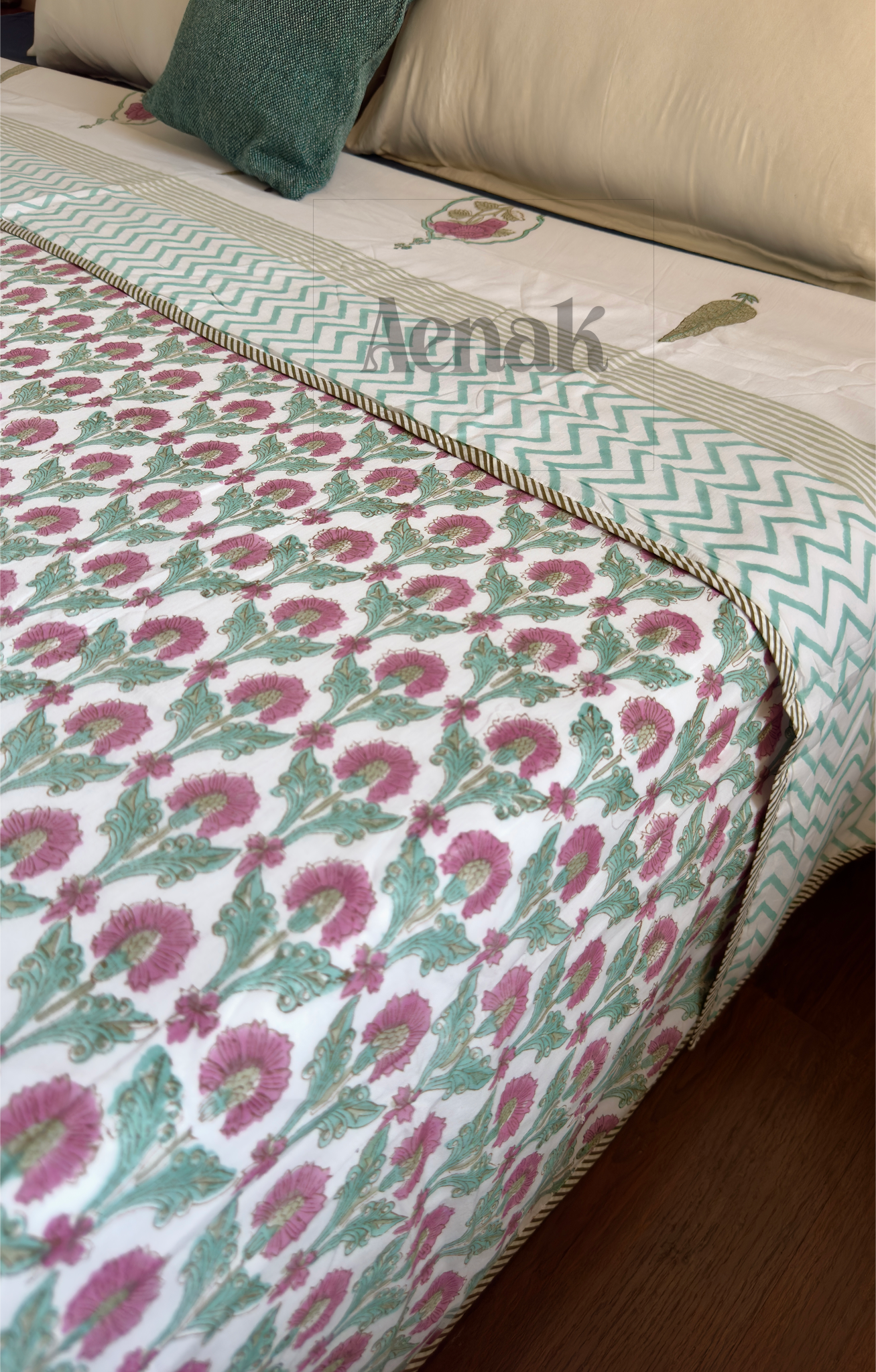 Purple Rose Handblock Printed Mulmul Cotton Reversible Dohar