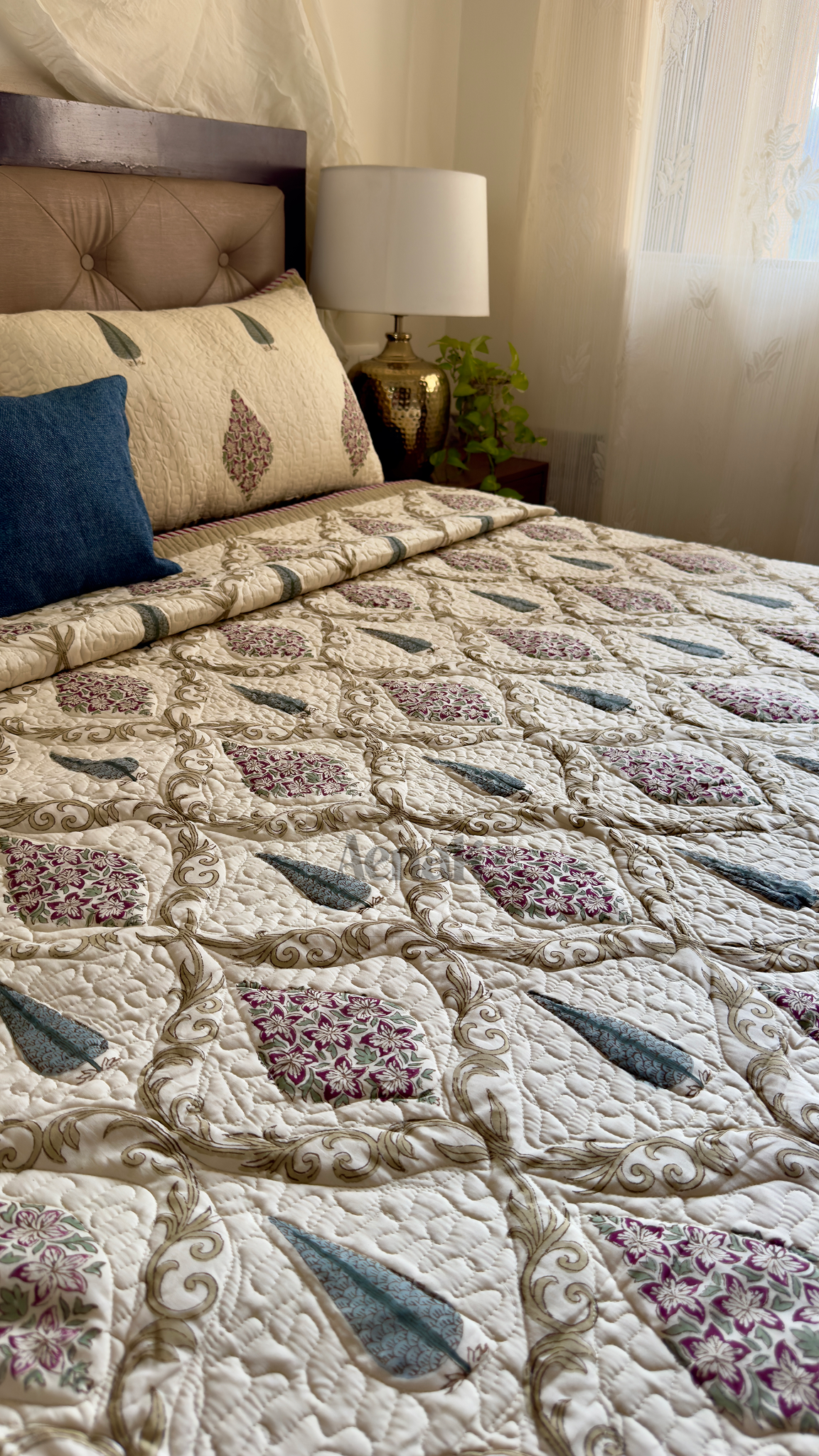 Maroon & Blue Cypress Handblock Printed Reversible Quilted Bedcover (Non-White)