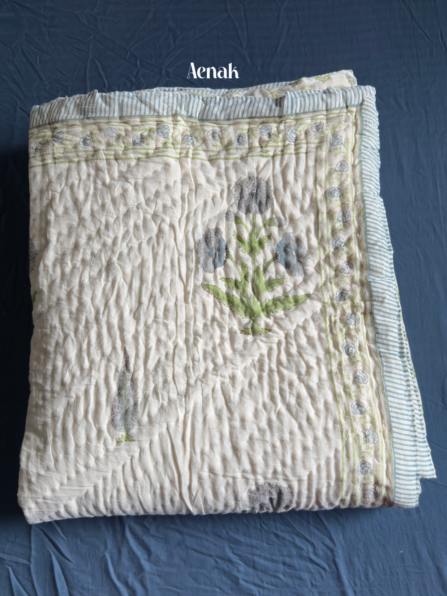 Blue Dahlia Handblock Printed Reversible Mulmul Cotton Quilt