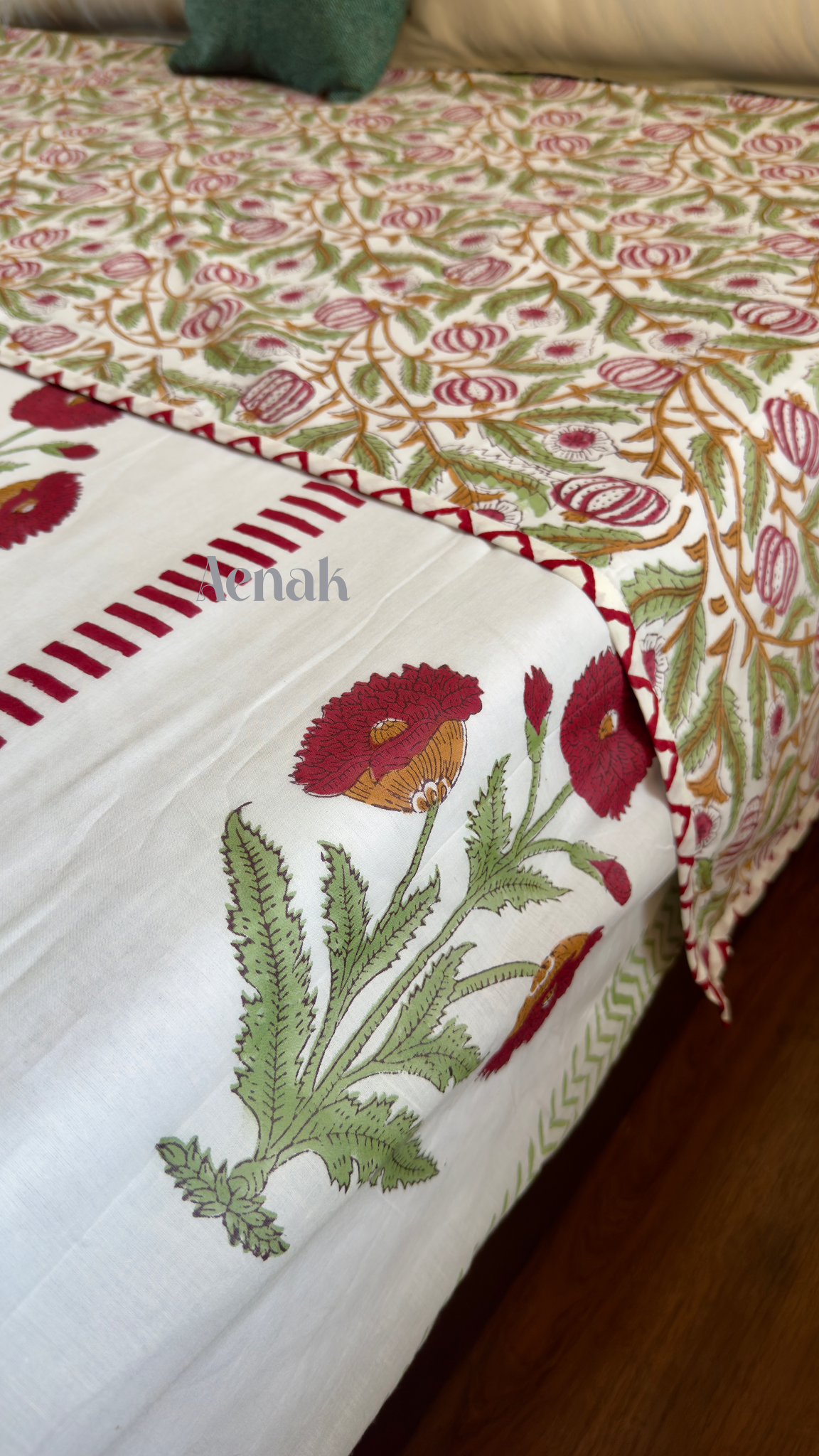 Red Dahlia Handblock Bedsheet + Dohar Combo
