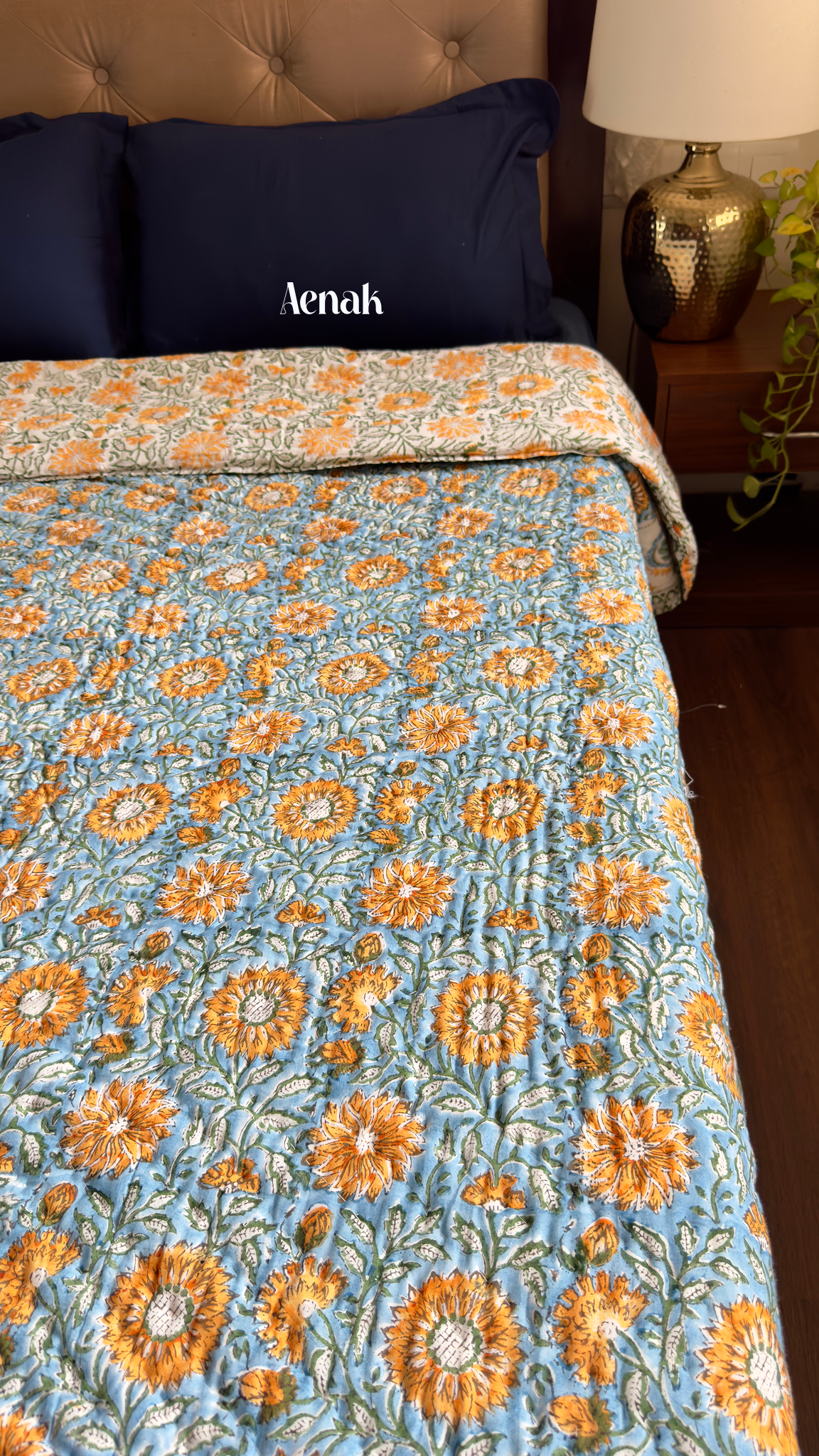 Blue & Yellow Floral Garden Handblock Printed Reversible Mulmul Cotton Quilt