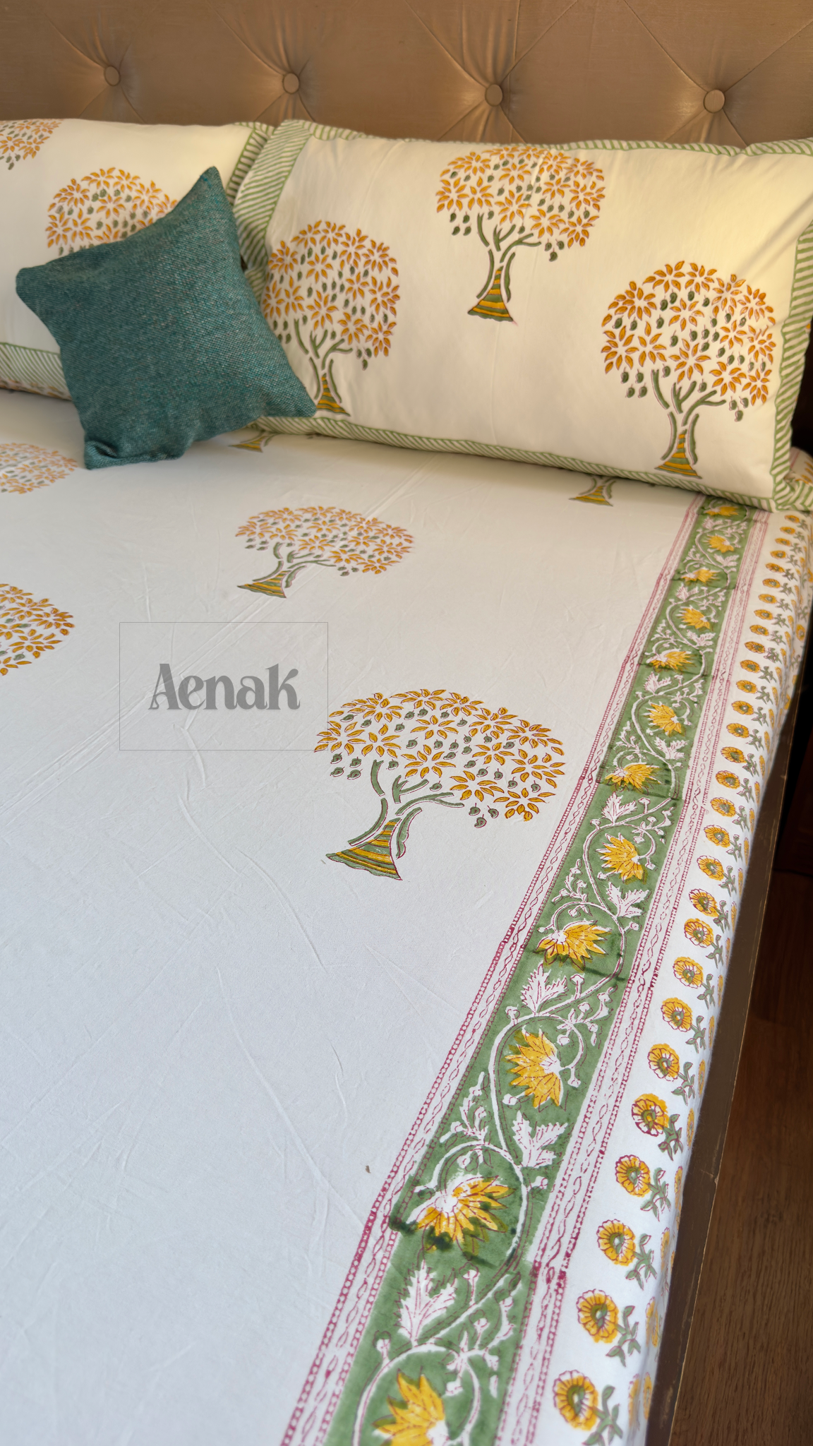 Yellow Buddha Tree Handblock Printed Premium Cotton Bedsheet