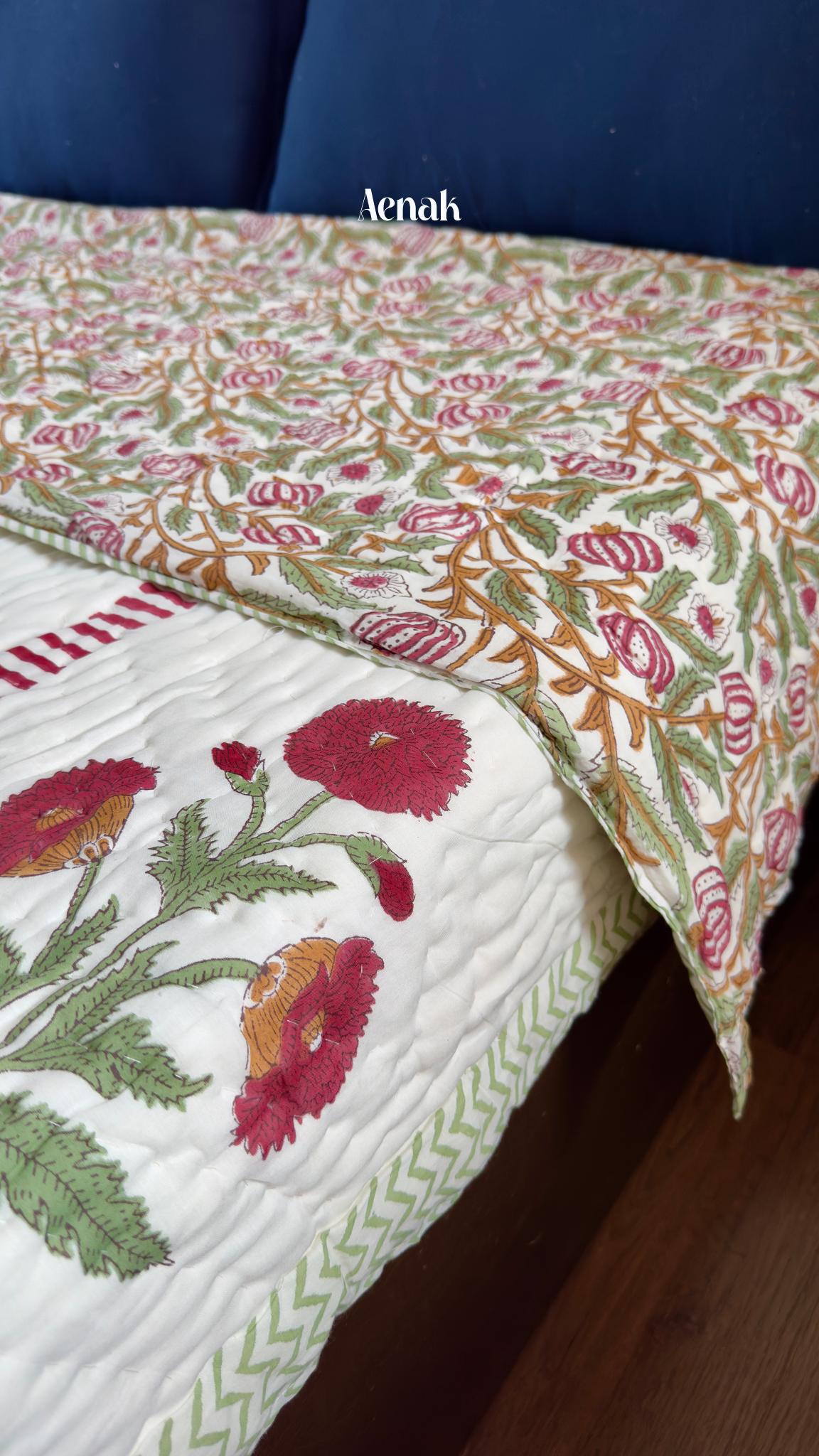 Red Dahlia Handblock Printed Reversible Mulmul Cotton Quilt