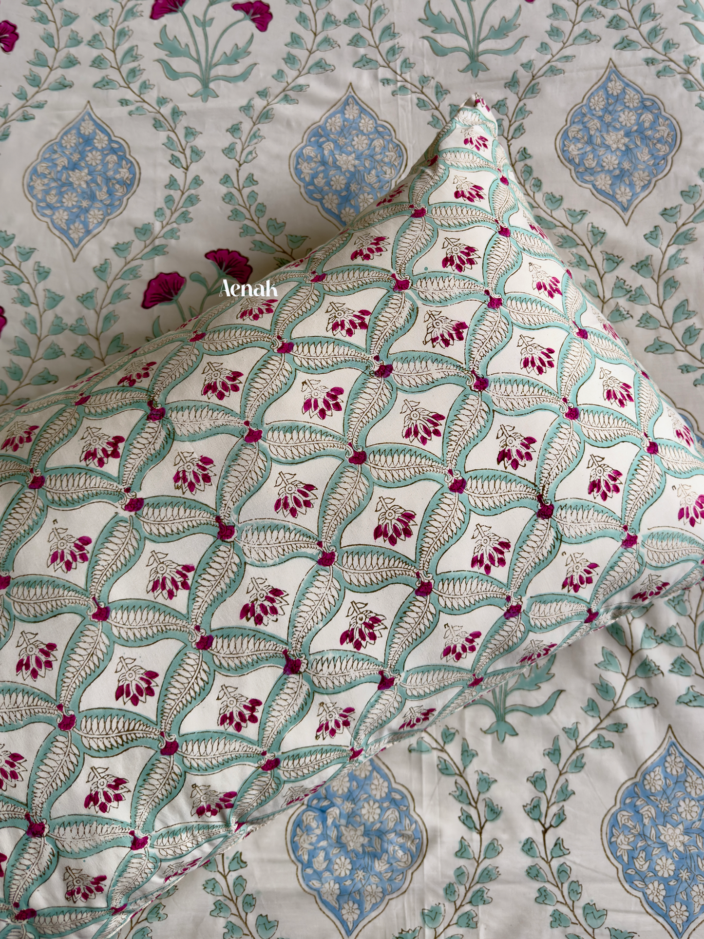 Pink Poppy Handblock Bedsheet + Quilted Bedcover Combo Set (Light Beige Base)