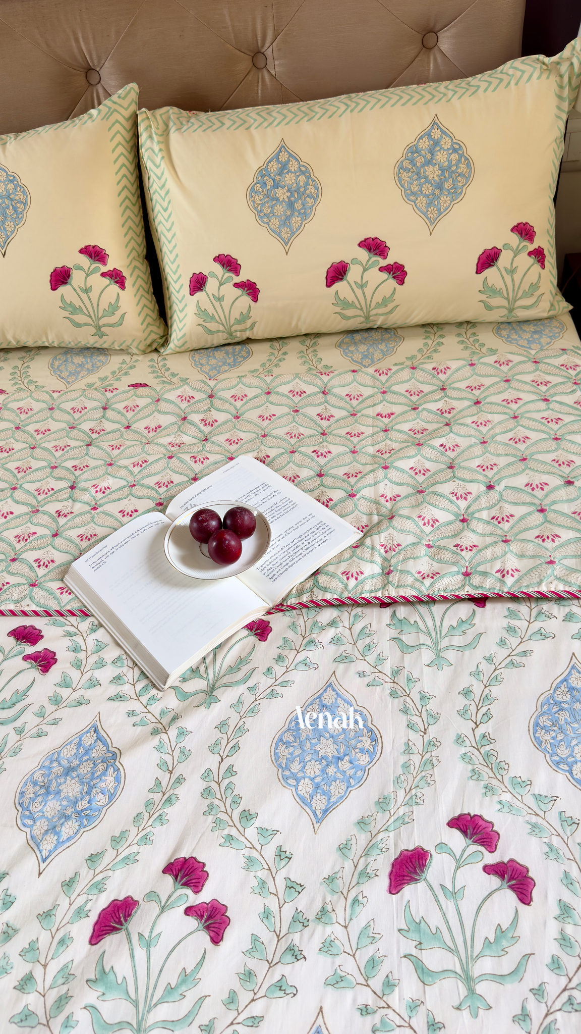 Pink Poppy Handblock Bedsheet + Dohar Combo Set (Non-White)
