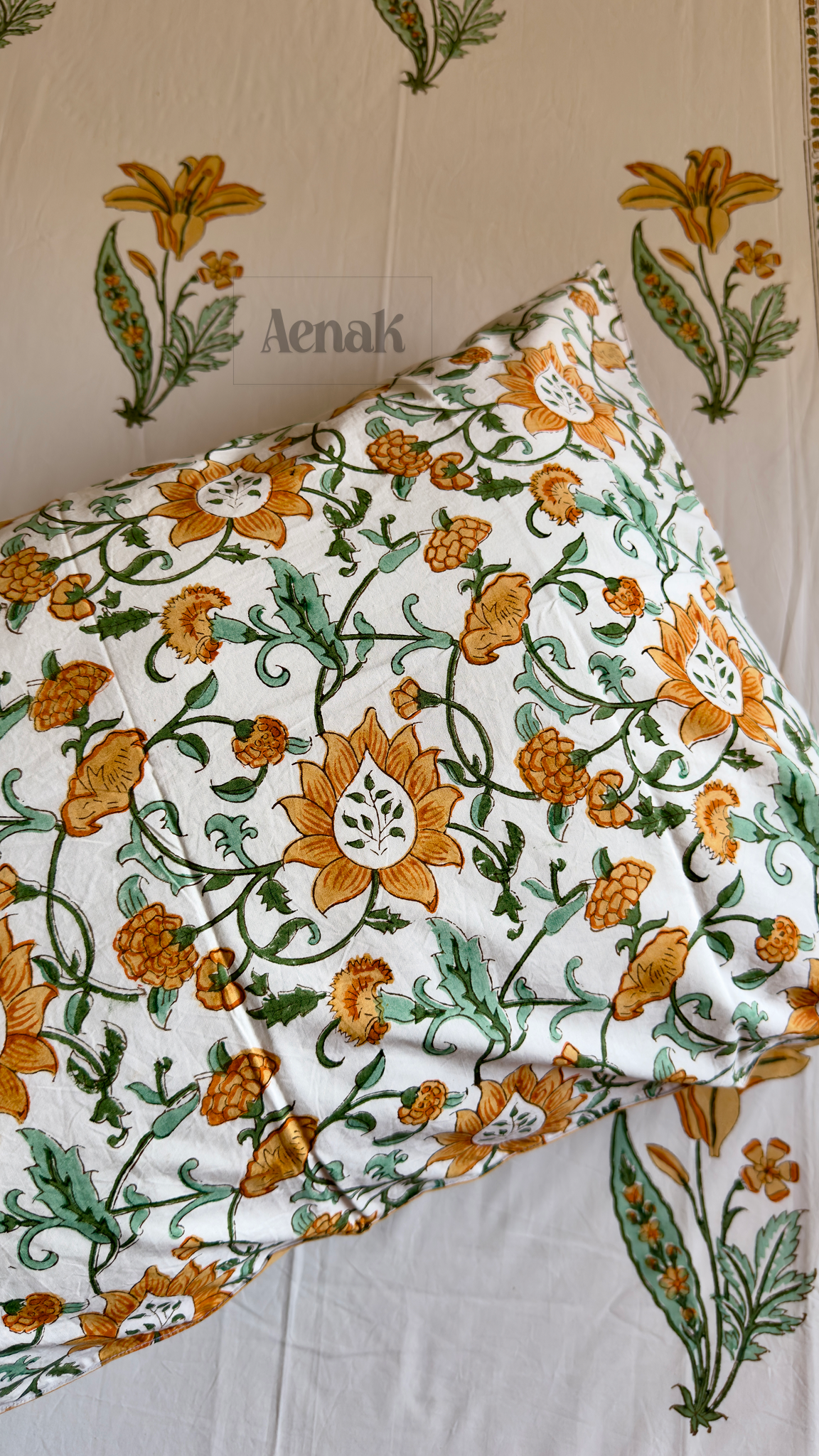 Yellow Lily Handblock Bedsheet + Quilted Bedcover Combo