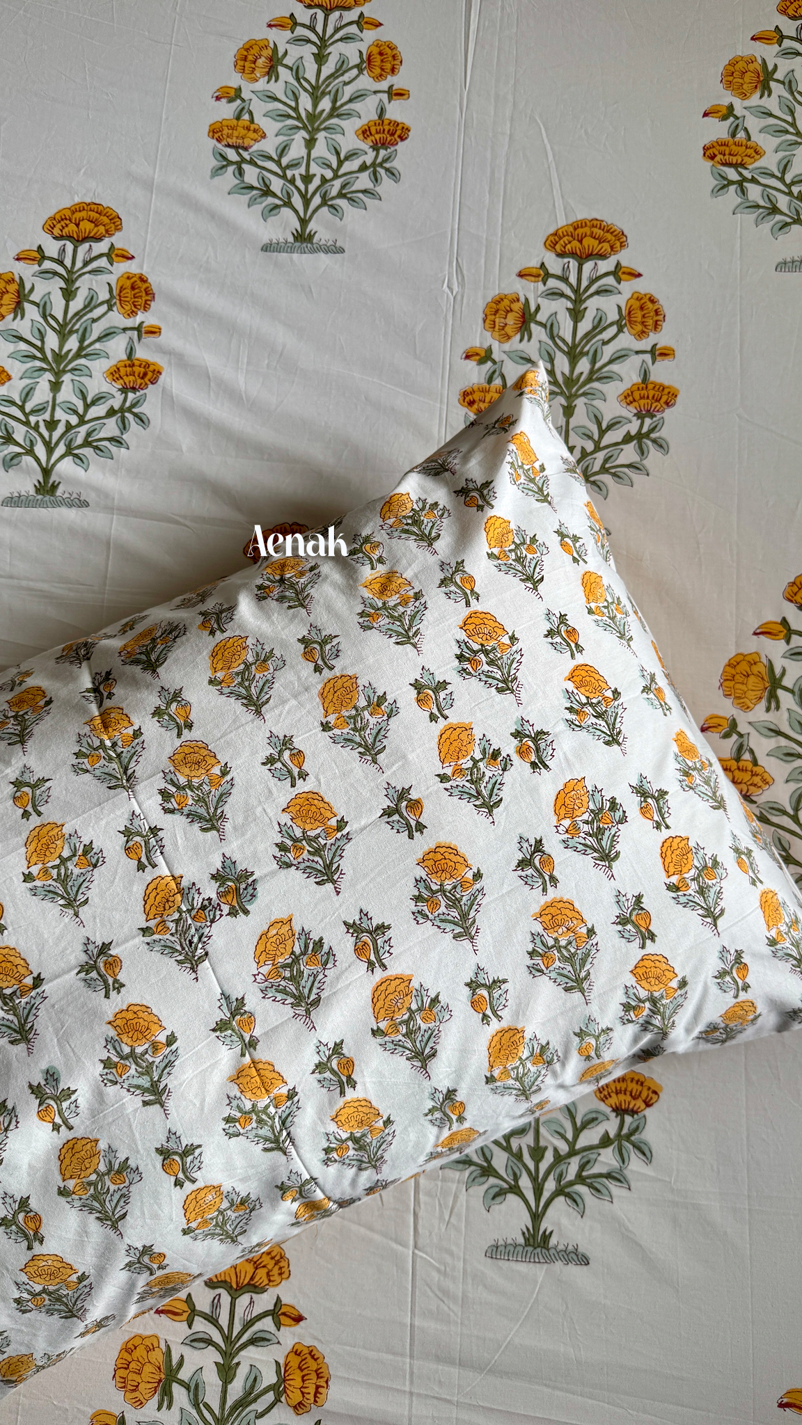 Turmeric Yellow Marigold Handblock Bedsheet + Dohar Combo