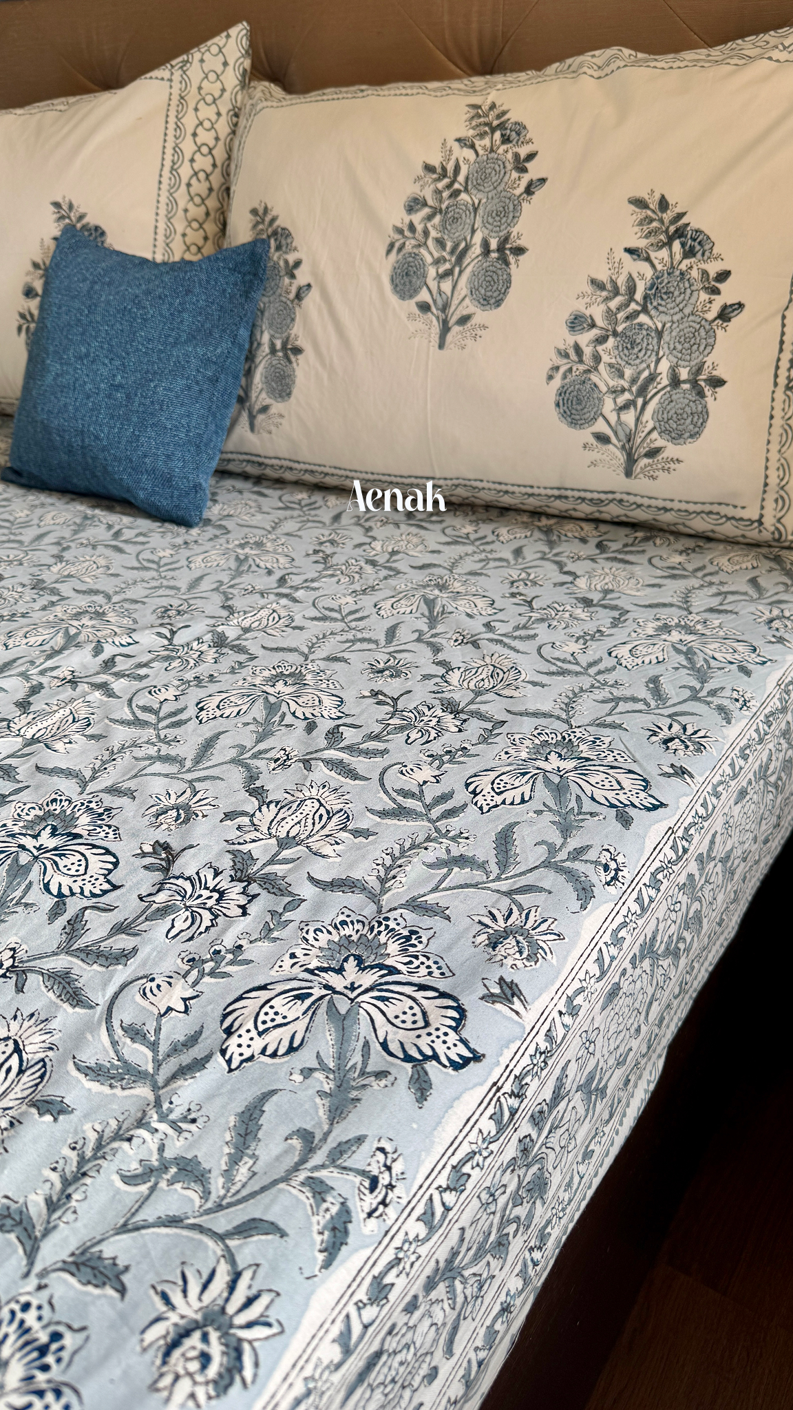 Blue Phool Boota Handblock Printed Premium Cotton Bedsheet