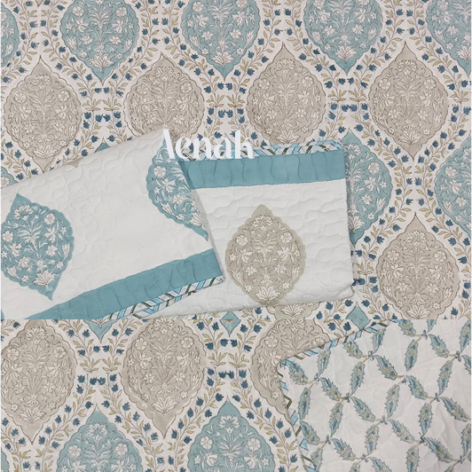 Blue Jaal Handblock Bedsheet + Quilted Bedcover Combo Set