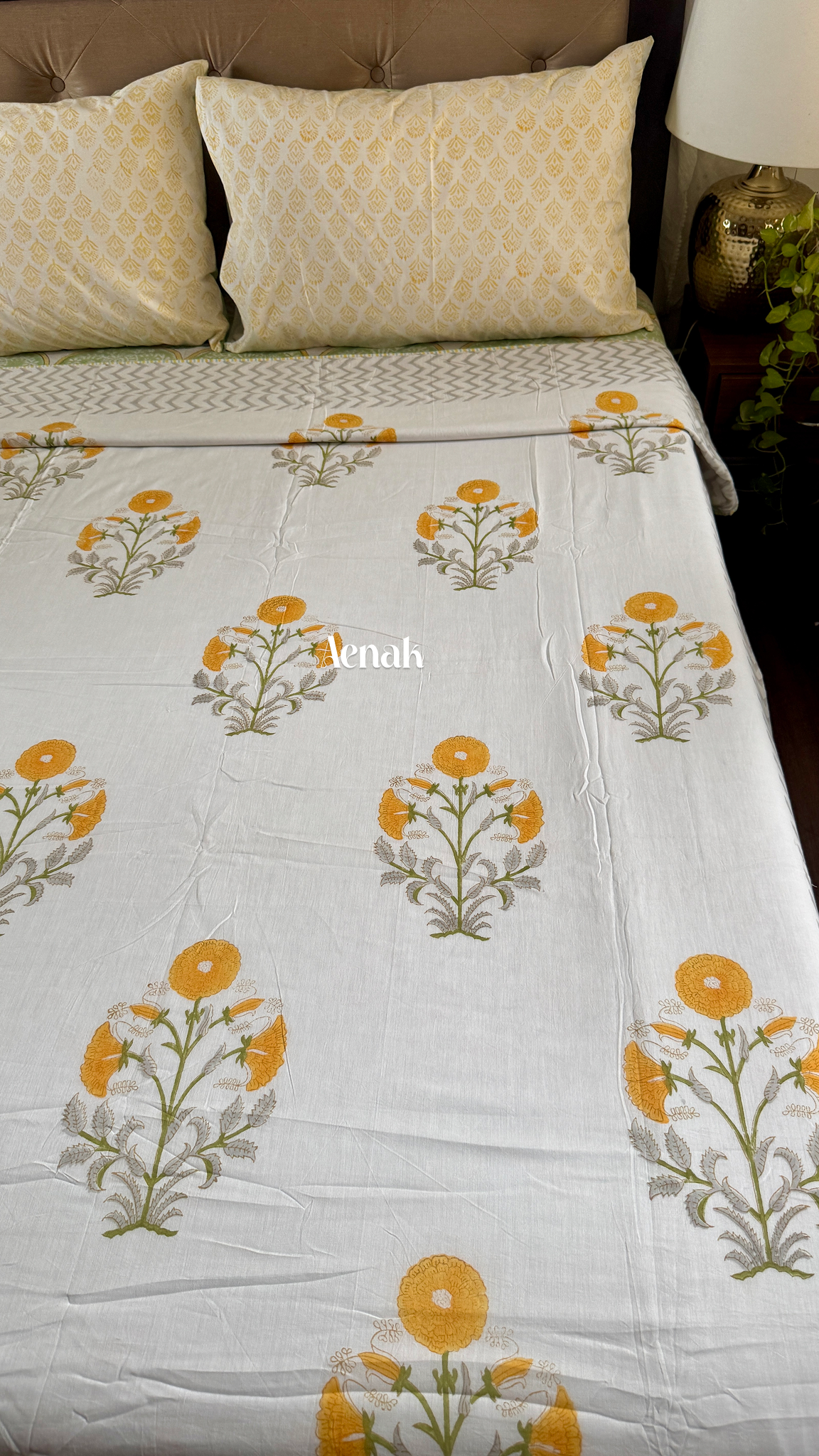 Yellow Dahlia Garden Handblock Printed Mulmul Cotton Reversible Dohar
