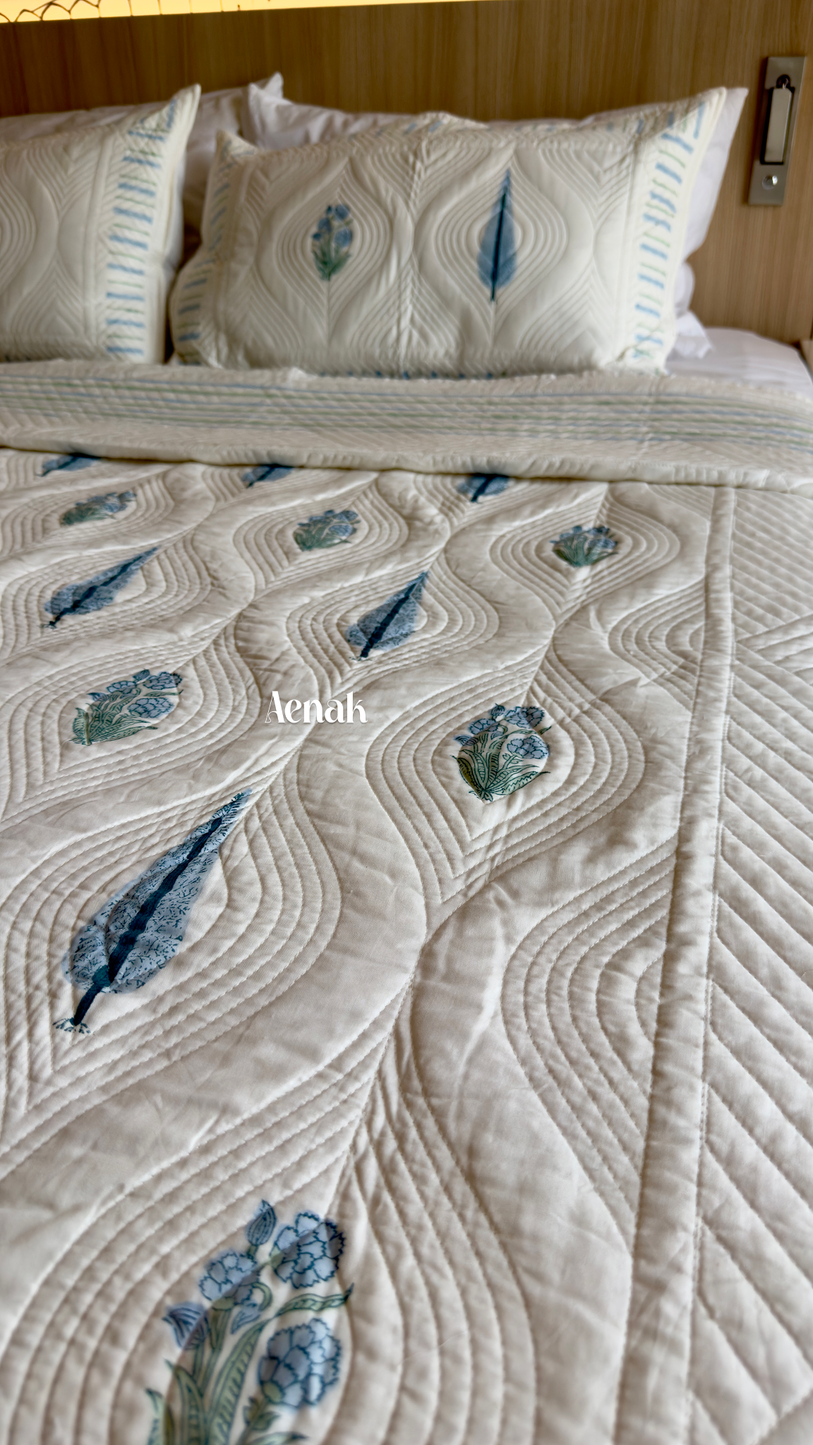 White Embossed Handblock Printed Quilted Bedcover