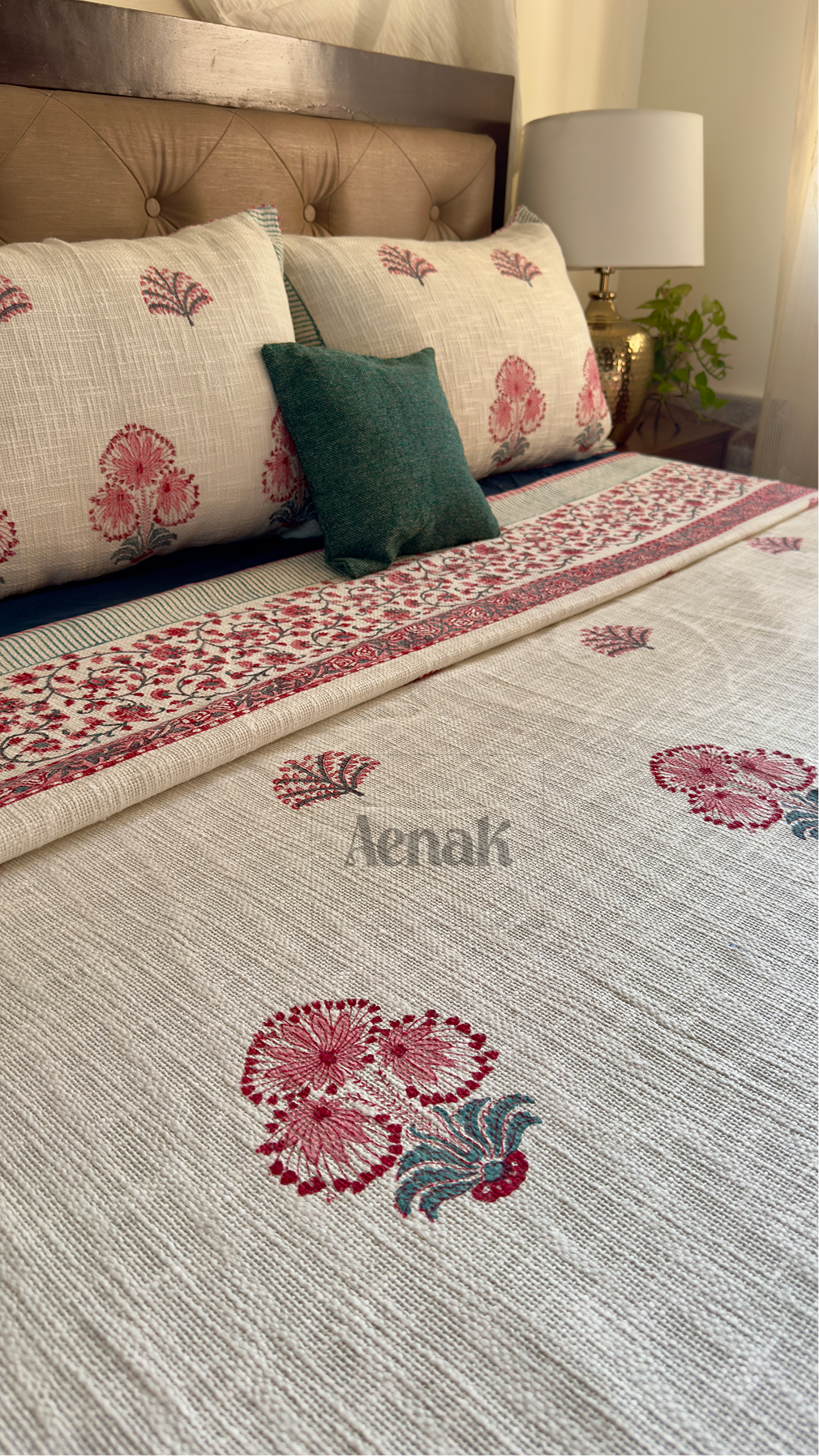 Pink Palm Handblock Printed Jute Cotton Bedcover