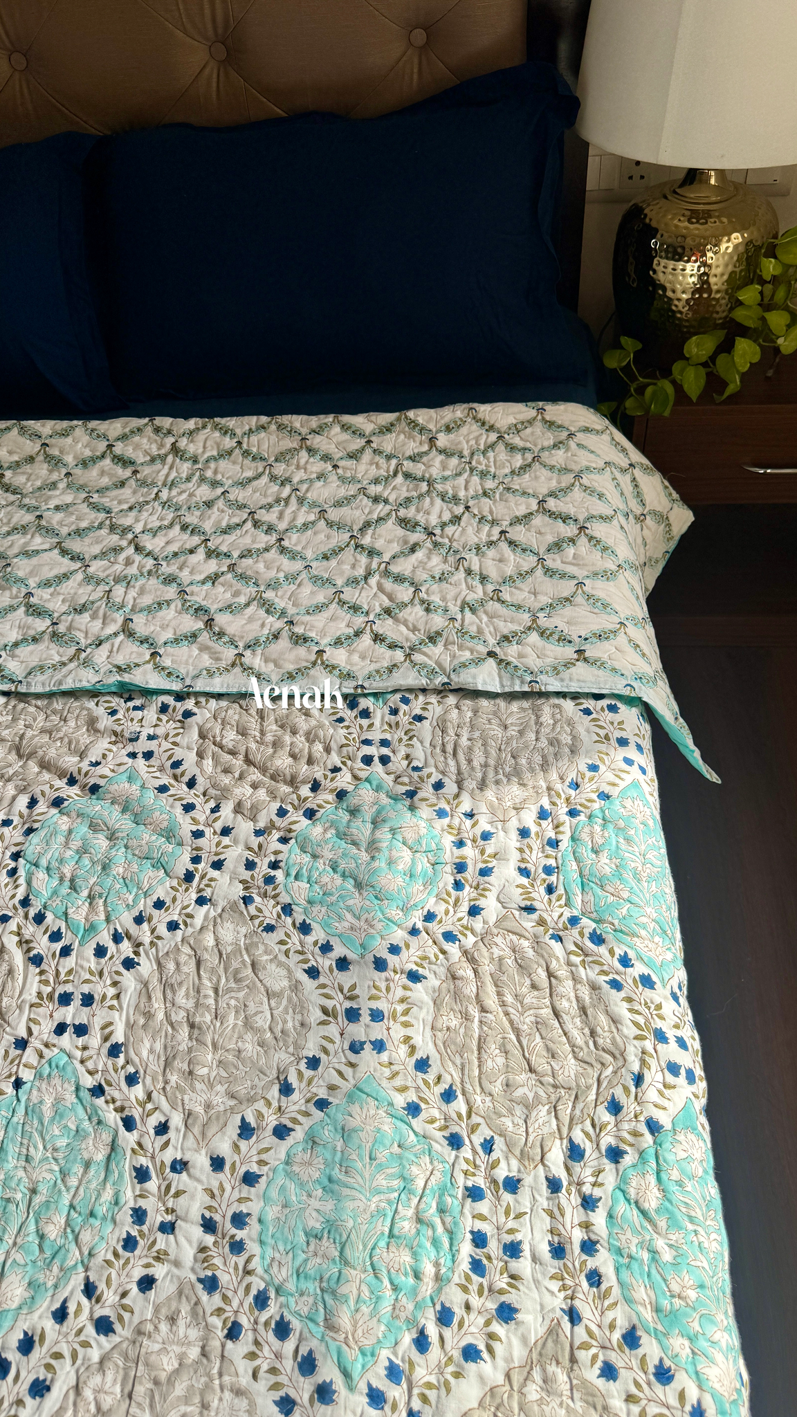 Blue Jaal Handblock Printed Reversible Mulmul Cotton Quilt