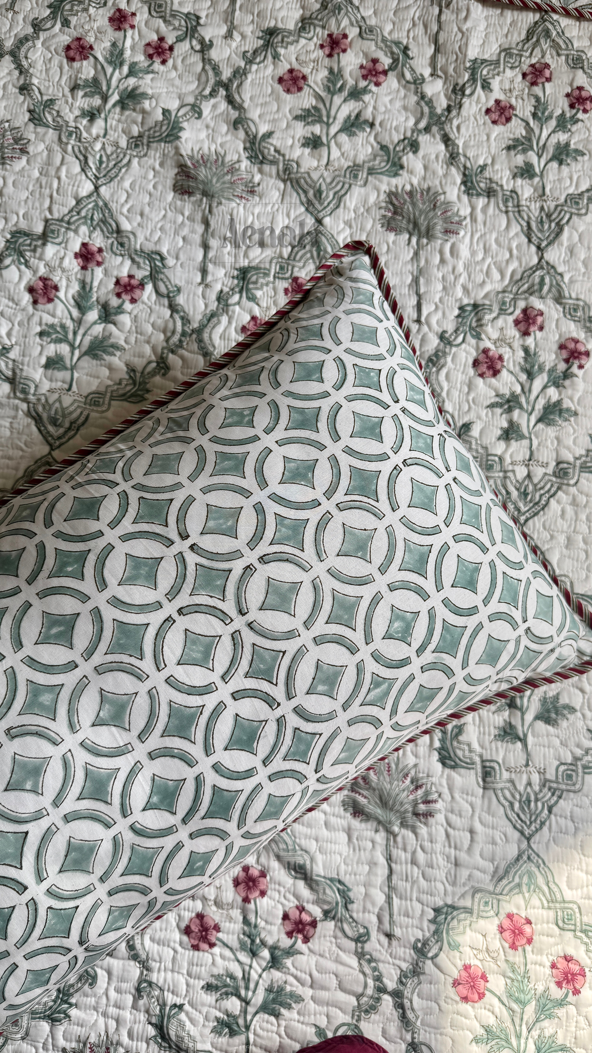 Sage Green Jaal Handblock Printed Reversible Quilted Cotton Bedcover