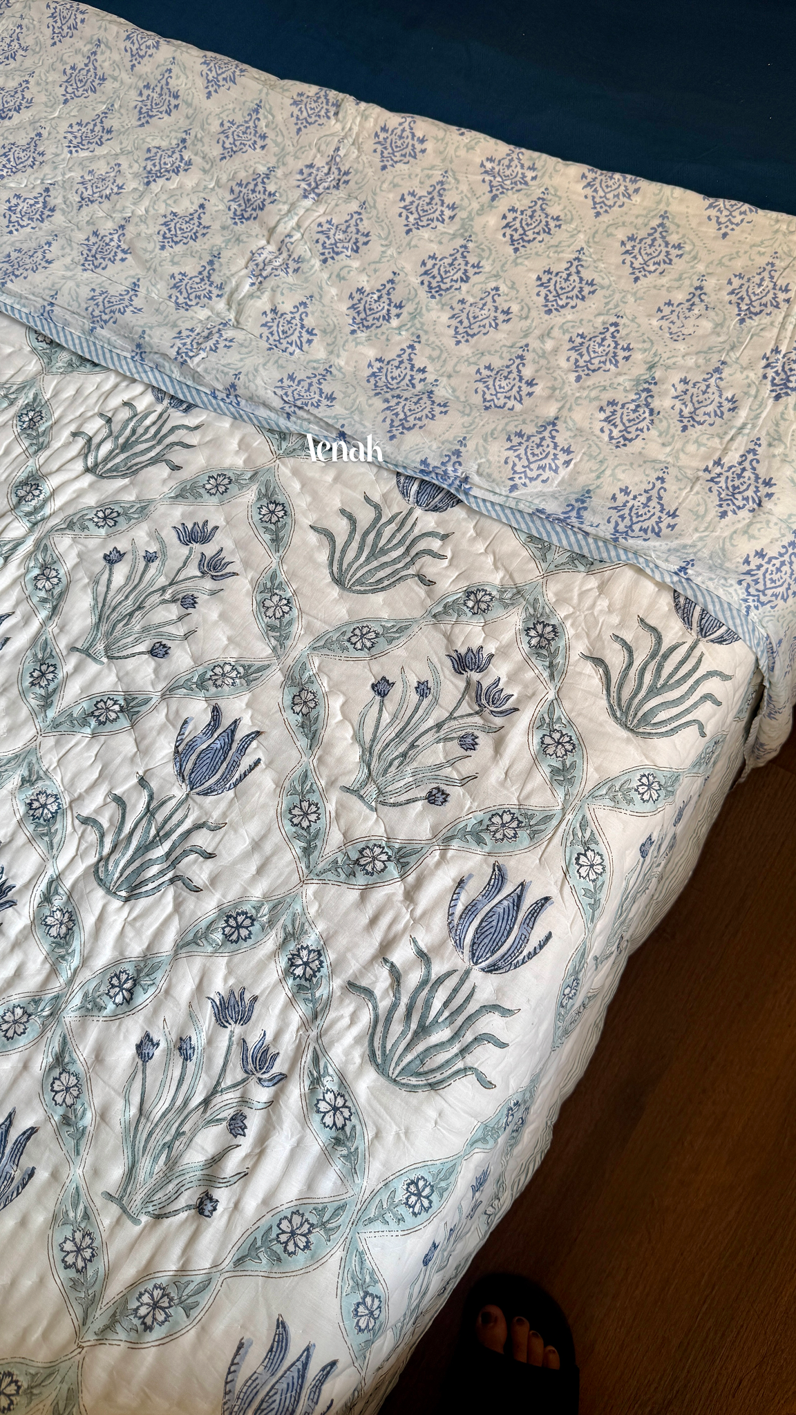 Blue Lotus Handblock Printed Reversible Mulmul Cotton Quilt