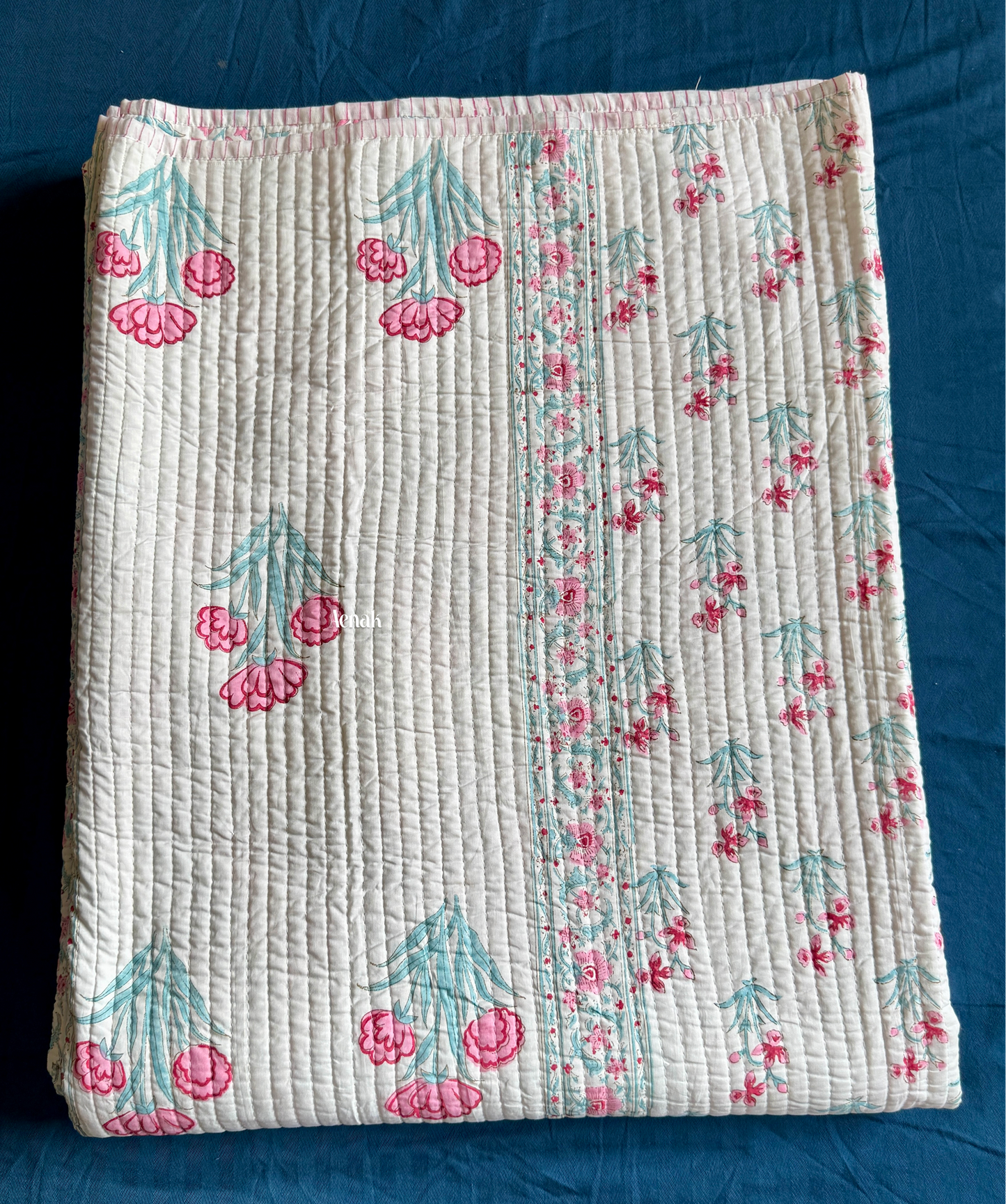 Pink & Sage Blue Floral Handblock Printed Reversible Straight Quilted Bedcover