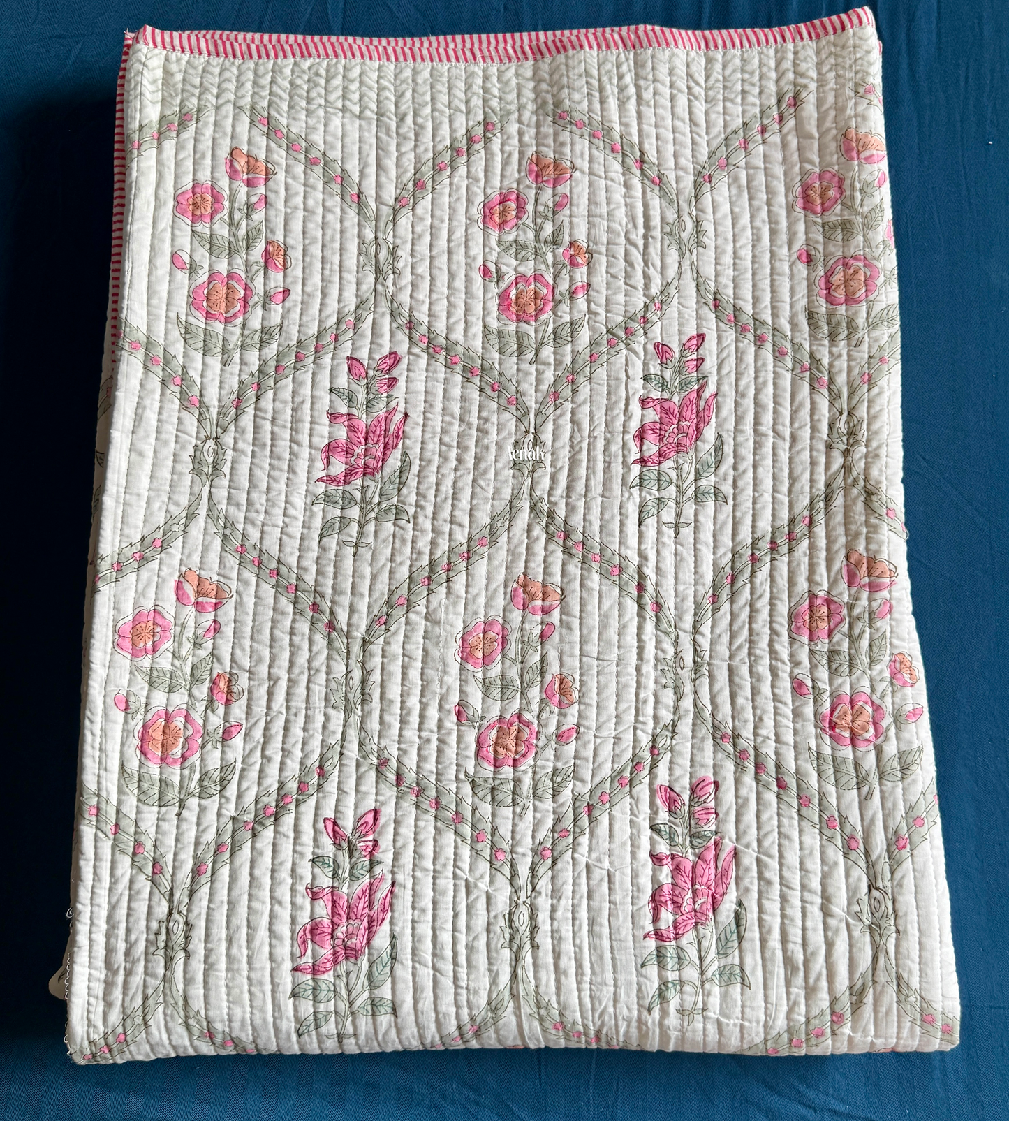 Pink Periwinkle Handblock Printed Reversible Straight Quilted Bedcover