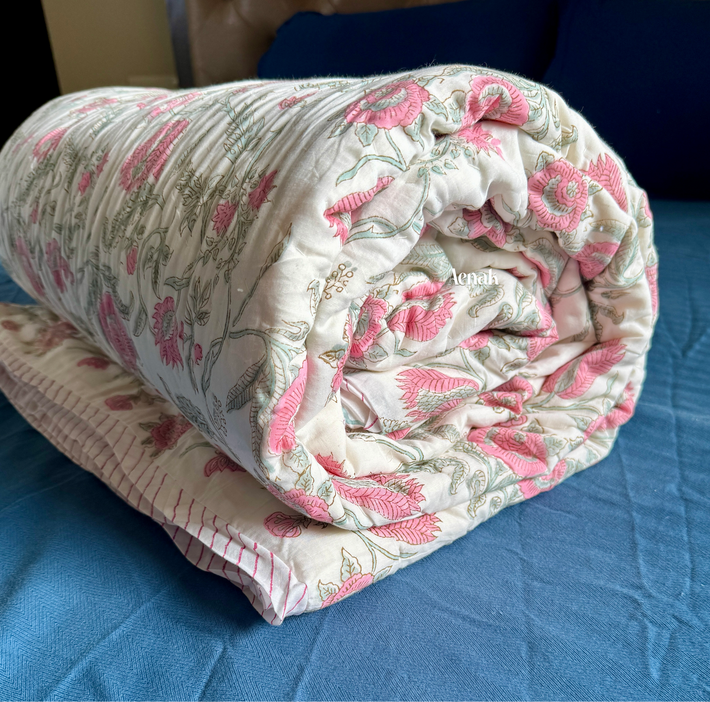 Green Ashoka Handblock Bedsheet + Quilt Combo