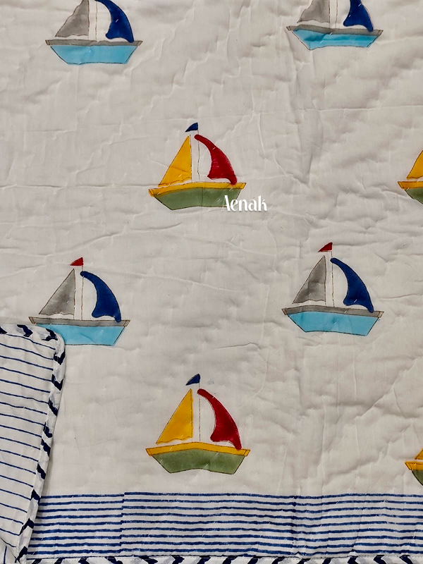 Blue & Red Boat Handblock Printed Reversible Mulmul Cotton Blanket
