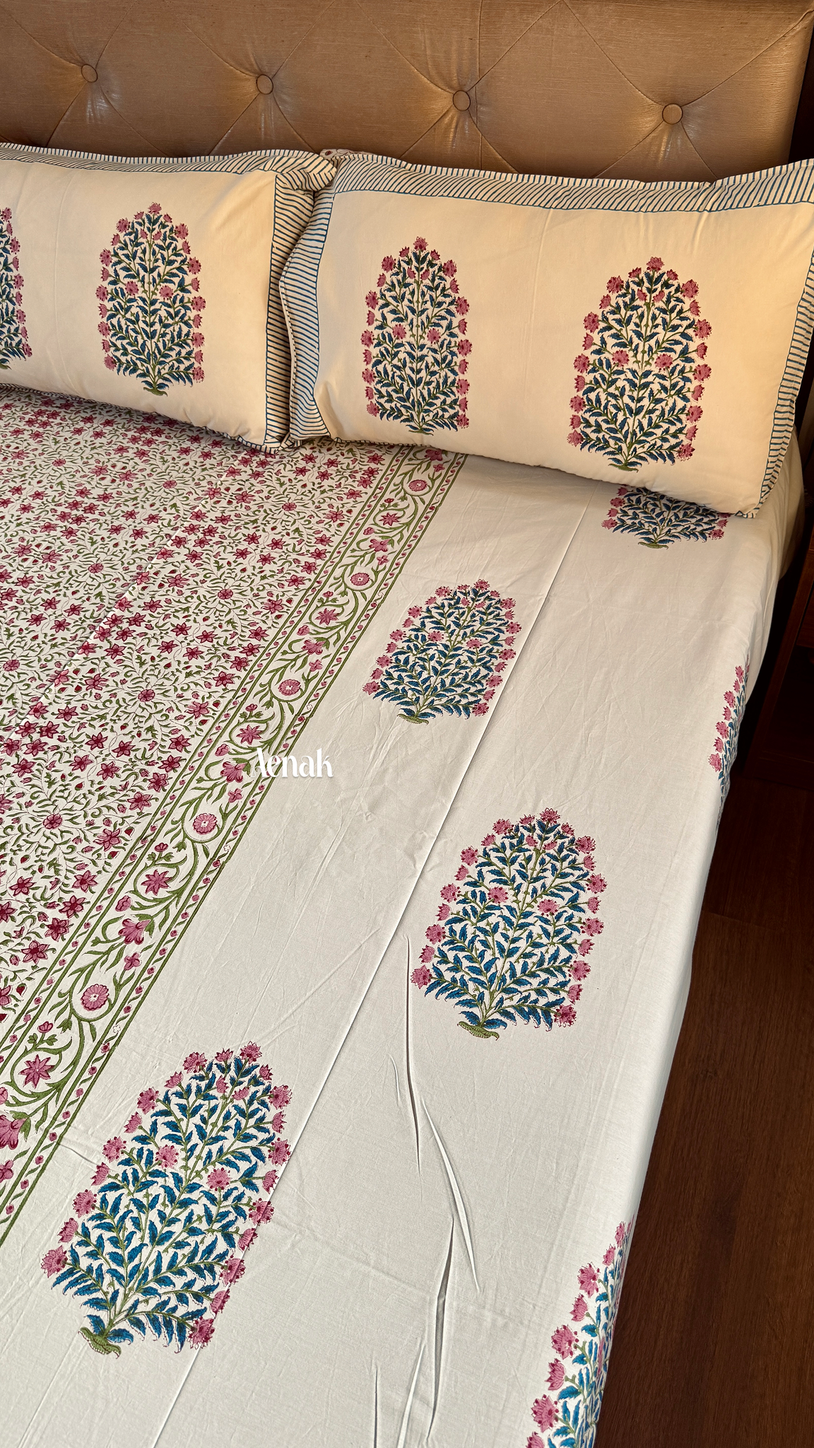 Burgundy & Beige Floral Handblock Printed Premium Cotton Bedsheet (Beige Base)