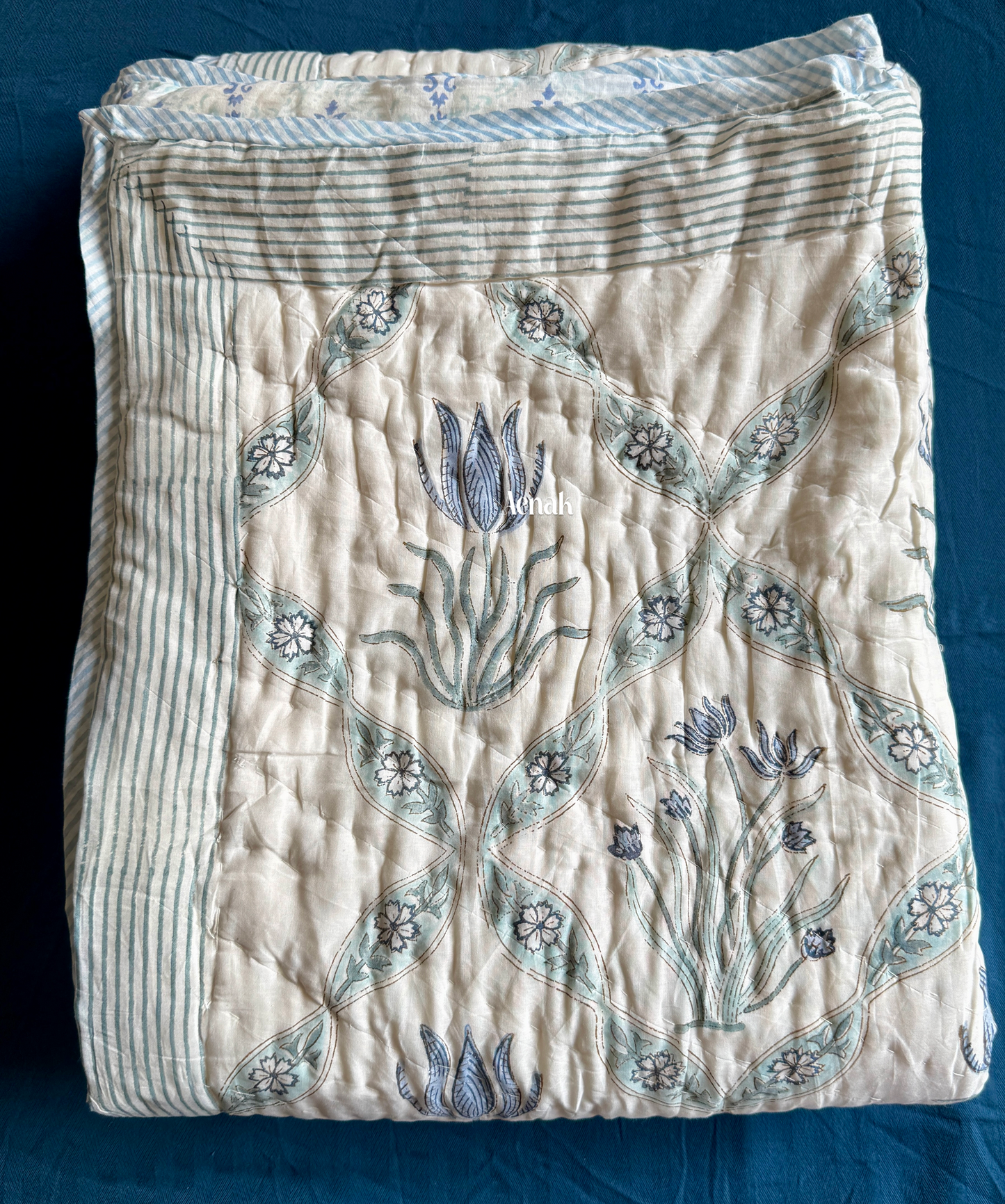 Blue Lotus Handblock Printed Reversible Mulmul Cotton Quilt