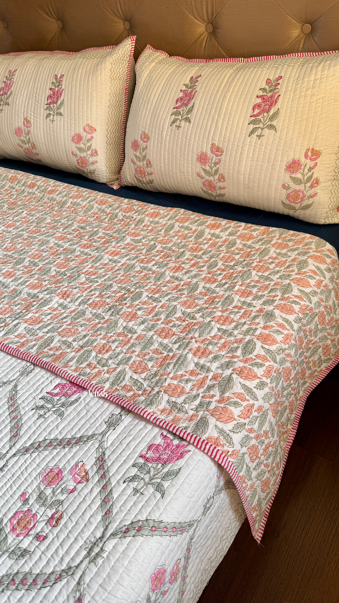 Pink Periwinkle Handblock Printed Reversible Straight Quilted Bedcover